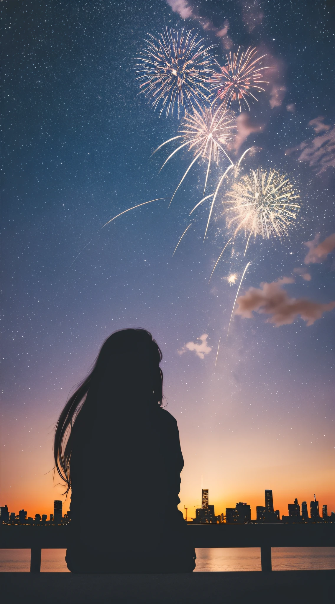 sky, star, landscape, starry sky, night, girl, night sky, solo, outdoor, signature, building, clouds, fireworks, milky way, sitting, tree, long hair, city, silhouette, cityscape