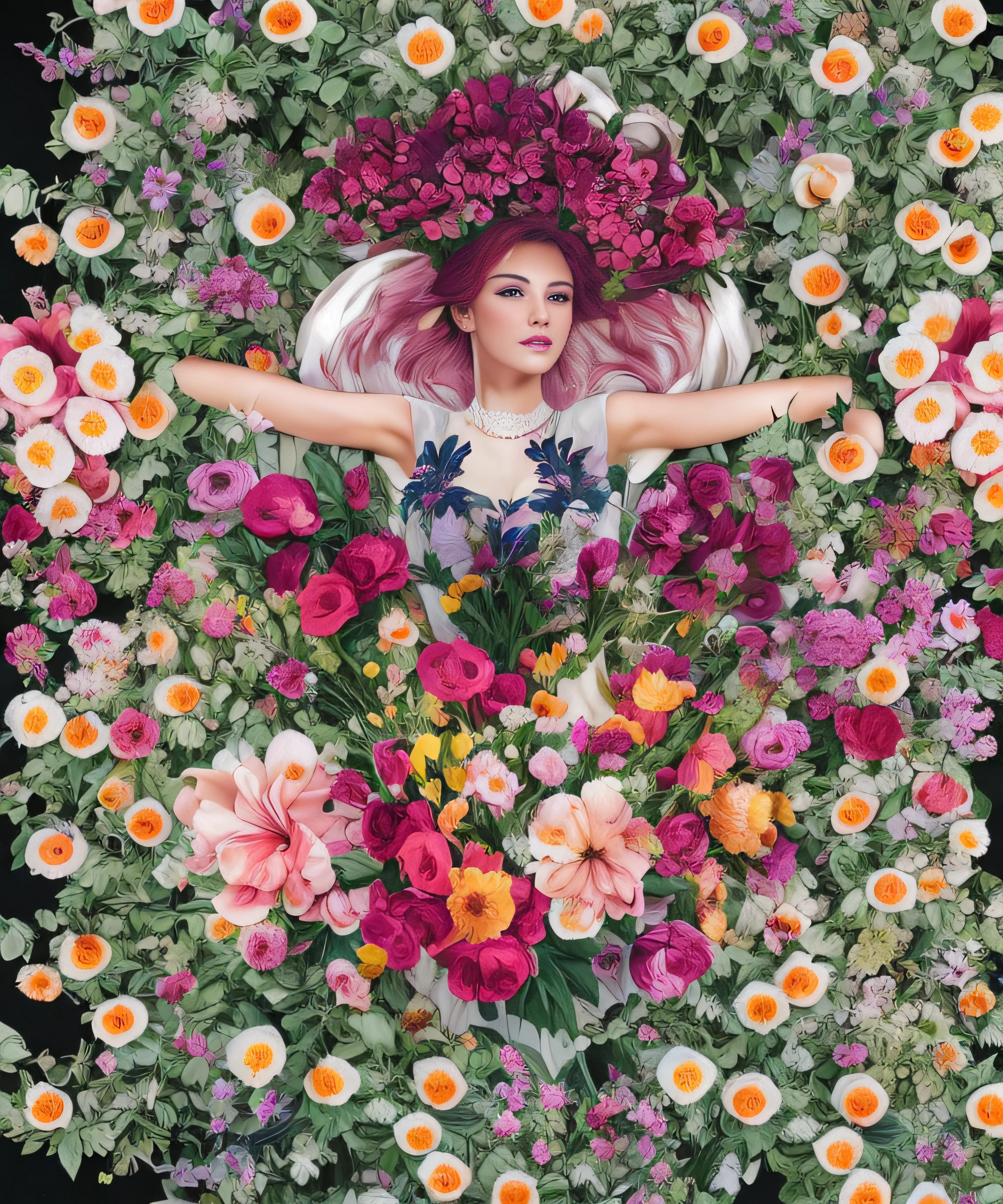 arafed woman with red hair and flowers in a floral frame, woman in flowers, flower goddess, baroque hibiscus queen, wrapped in flowers, covered in flowers, covered with flowers, wrapped in flowers and wired, flower queen, laying on roses, queen of flowers, the girl made out of flowers, perky woman made of petals, inspired by David LaChapelle