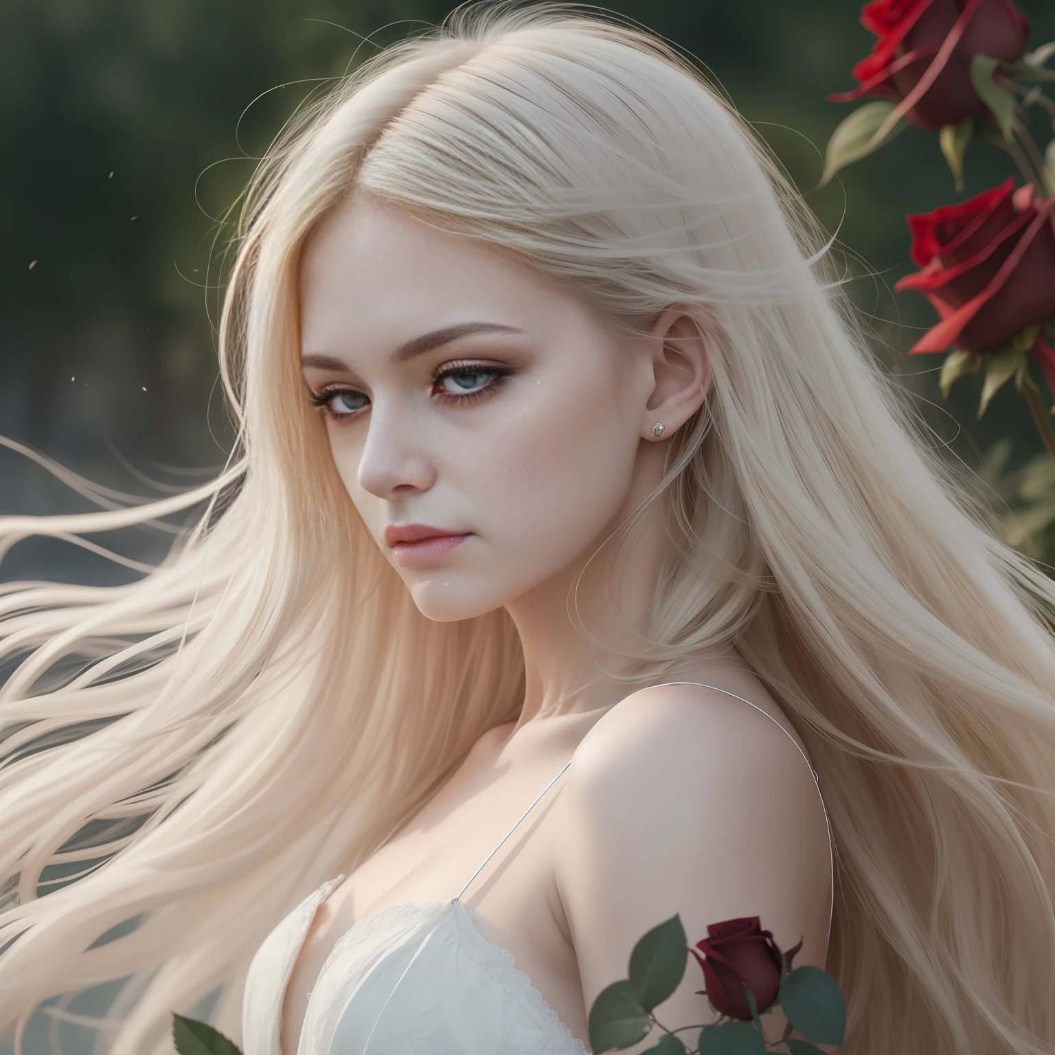 (Masterpiece) 8K resolution, top quality, woman shedding a single tear, beautiful person, thin long eyebrows, platinum blonde long hair, hair fluttering in the wind, emerald eyes, moon darkness, rose garden, model style,
