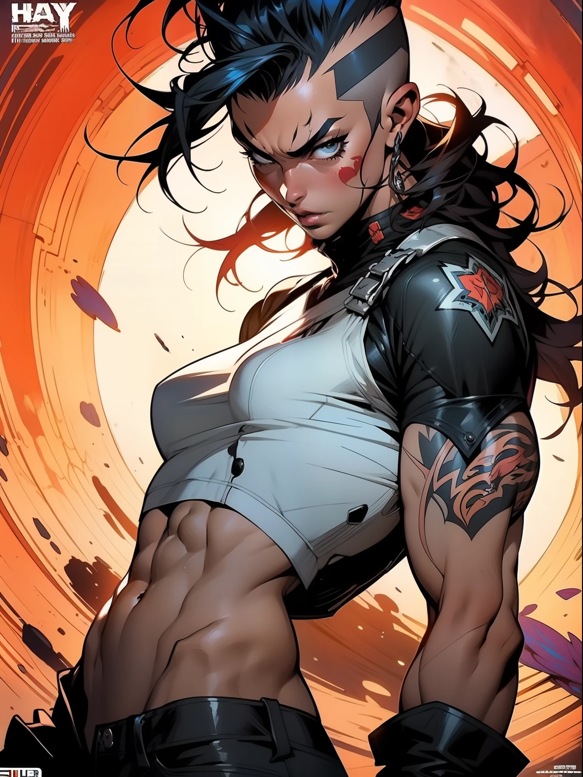 A muscular 35-year-old warrior woman almost naked in the Simon Bisley style for the cover of Heavy Metal magazine, colorful mohawk hair, Minimum clothing, Ink-stained short clothes,