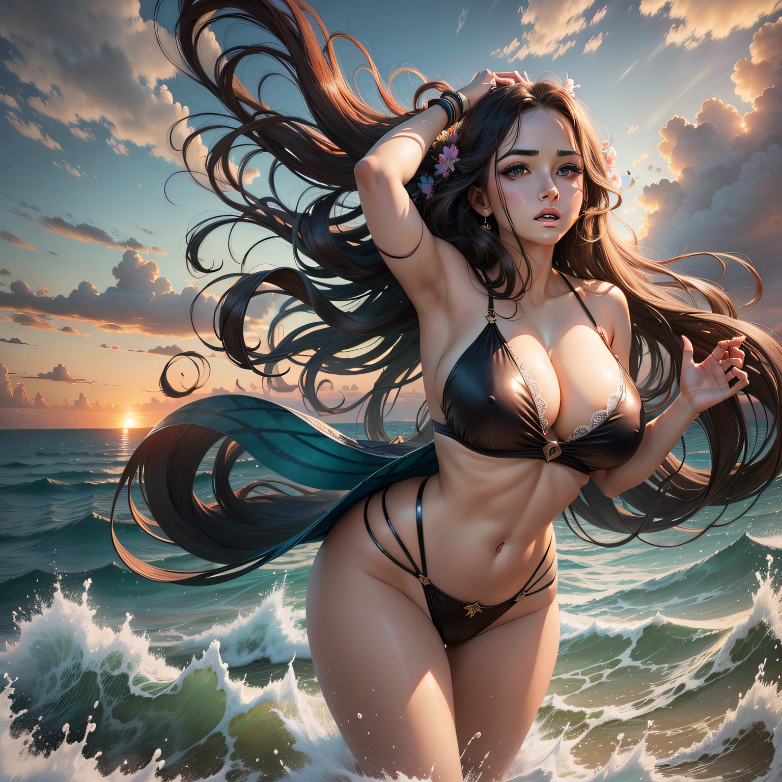 stormy sunset reddish sky, abstract rough waves, concept art, skin wet with water, water droplets, bubbles and wave foam, beautiful squatting woman back view with legs apart, masterpiece art, aphrodite in rococo style, maximum detailed digital painting, portrait, blue and gold, rutkowski style, full body, beautiful full-body Caucasian girl close-up, oil painting, Looks pretty, movie scene, perfect face, perfect symmetrical eyes, by Valent10179, masterpiece, surreal, sharp focus, ultra detailed, studio light, Eduard Fridrih Leibold, Ernst Haeckel, Jean Metzinger, cubist art, relief relief, Mucha, complementary colors, stormy reddish sky at sunset, abstract rough waves, concept art, skin wet with water, water droplets, bubbles and wave foam, beautiful full-body Caucasian girl foreground, oil painting, stormy sunset reddish sky, abstract rough waves, concept art, skin wet with water, water droplets, bubbles and wave foam, full body, light coquettish smile, filigree