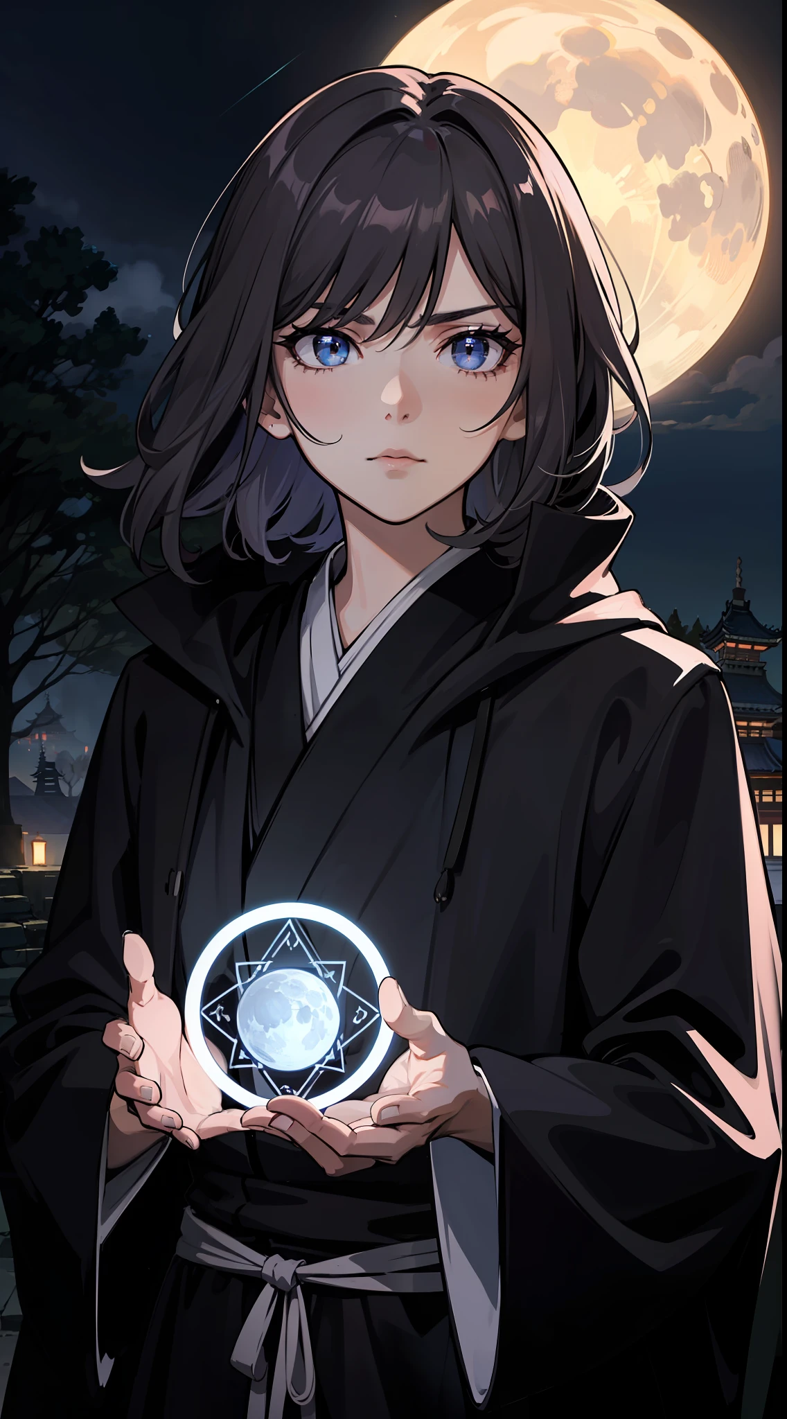 ((from in front)), ((black and white robes)), ((male)), ((medium hair)), ((anime screencap)), anime, wizard, mage, demon slayer style, edo period, dark magic, purple orb, ((magic circle)),  1man,  ((dark gray hair)), serious expression, standing tall, ((wearing a black and white robe)), upper body, in the style of demon slayer, blue eyes, wind vortex, pagoda background, outdoors, nighttime, moon in the sky, darkness, glowing eyes, best quality, masterpiece, HDR, HD, 8K, 4K, Ultra High Resolution, highres, absurdres, mature male, close up, detailed eyes, detailed face, Hashira, wind, Pagoda city, japanese city, trees, detailed eyes, detailed face