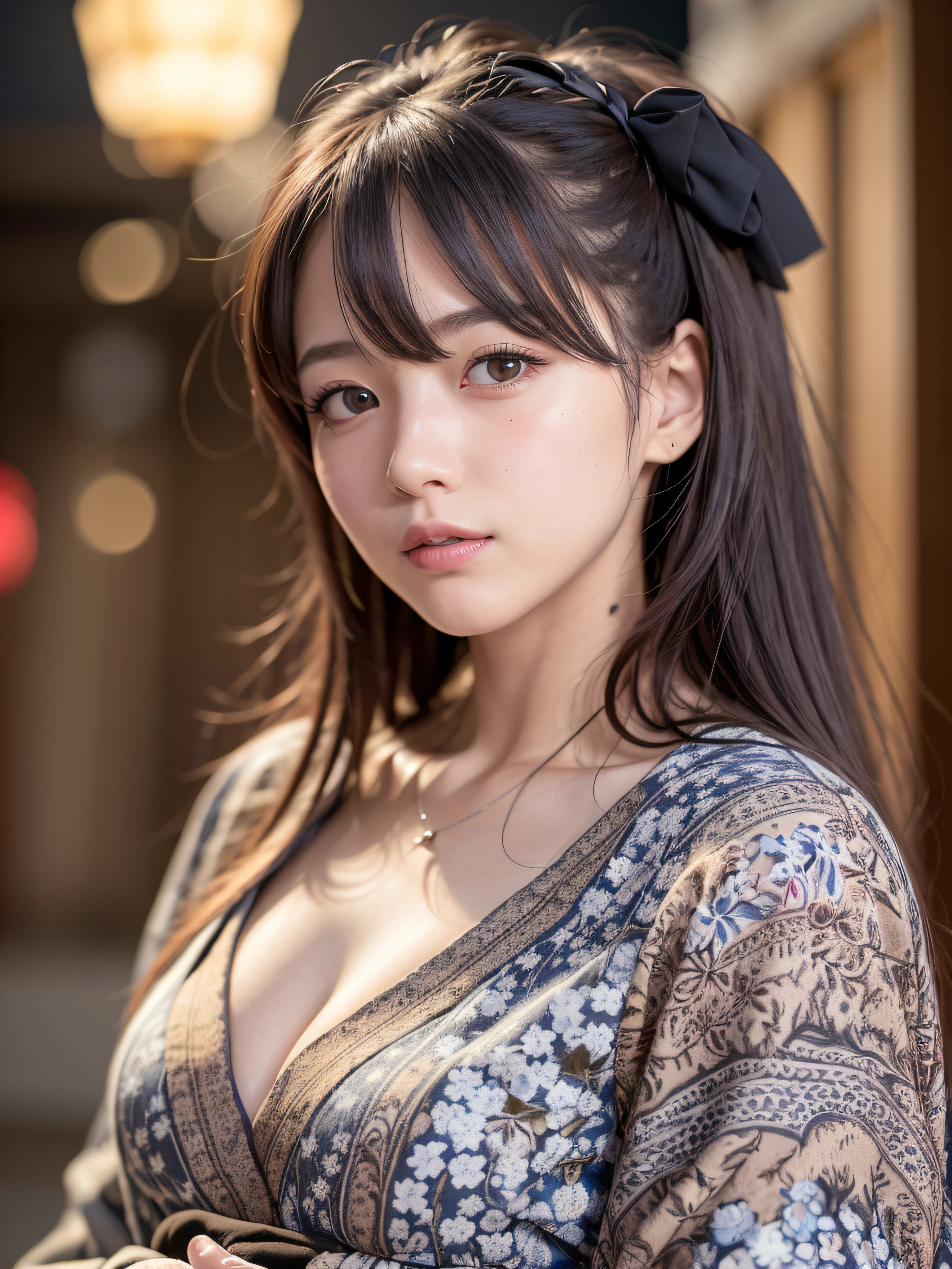 (realistic, photo-realistic:1.37), incredibly absurdres, (insanely detailed:1.3), 8k, (masterpiece), (best quality:1.4), (ultra high res:1.2), (RAW photo:1.2), ultra detailed background, (unity 8k wallpaper), 1 nogizaka girl, utterly cute, (bishojo:1.35), (15yo:1.4), (gothic lolita kimono), an exquisitely detailed and beautiful face and eyes and skin, detailed black shine hair, small-medium breasts, cleavage, a kimono with delicate and beautiful and soft fabric, smile at the camera, cowboy shot, kyoto at night, professional lighting