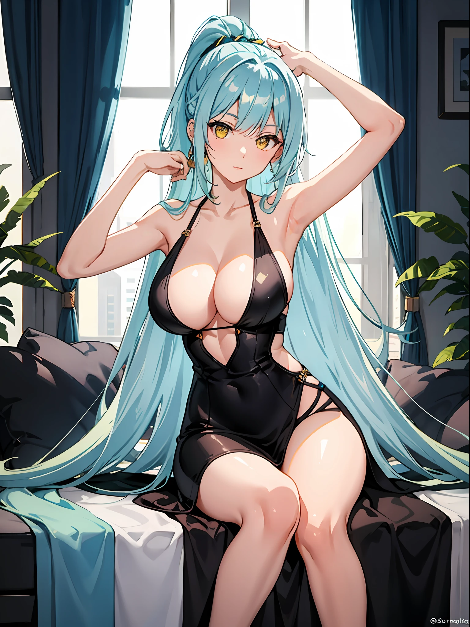 Anime, female, light blue hairs, yellow eyes, long hair, ponytail, massive boobs, long dress, thigh, bare shoulder, collarbone, sitting, arms up, looking at viewer, in building,