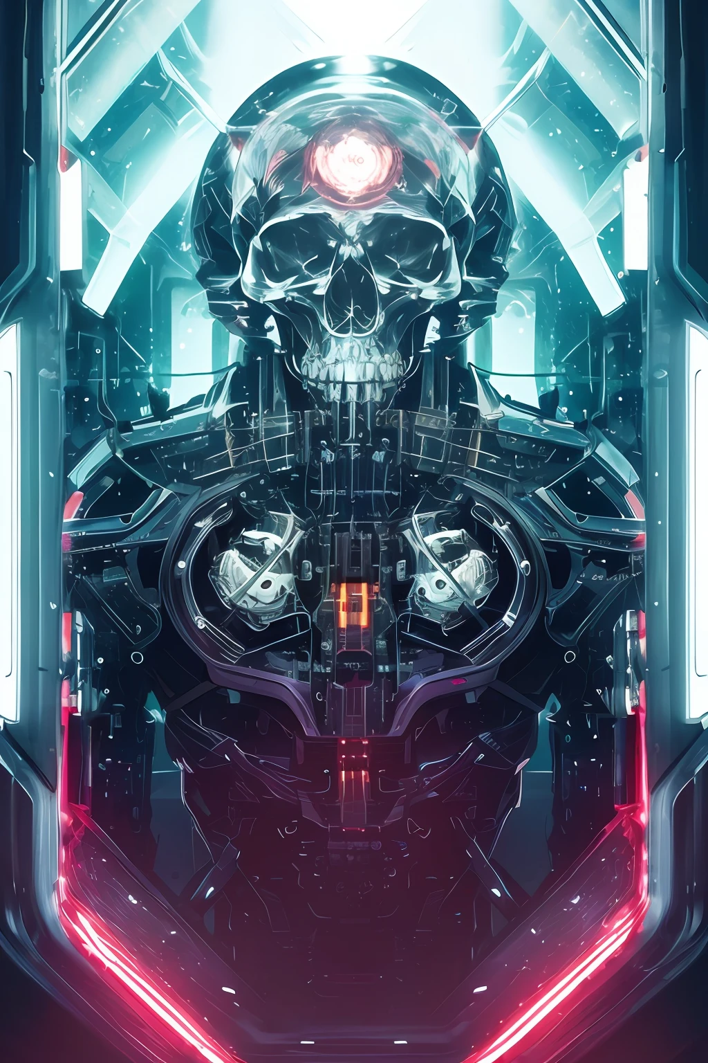 fully transparent mechanical skull cyberpunk, hyperdetailed
