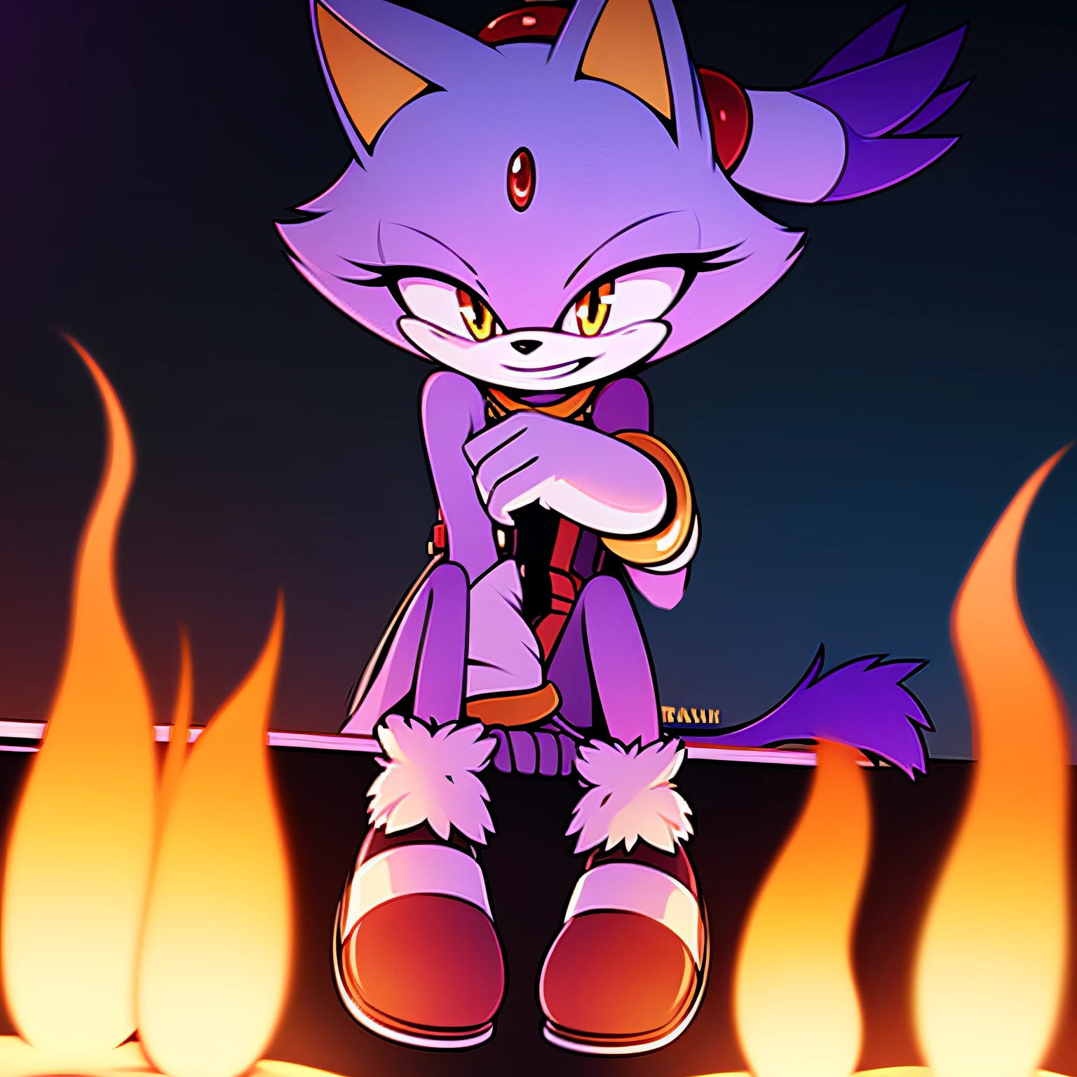 blaze the cat, sitting, smiling, flame aura