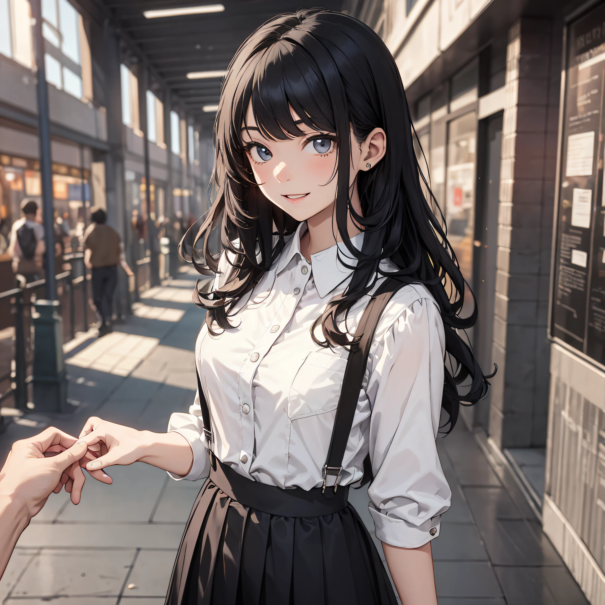 Ridiculous resolution, high resolution, (masterpiece: 1.4), hyper-detail, campus romance, young man messy black hair, white suspenders, holding hands, school dress up black hair young woman, happy expression, holding a red book