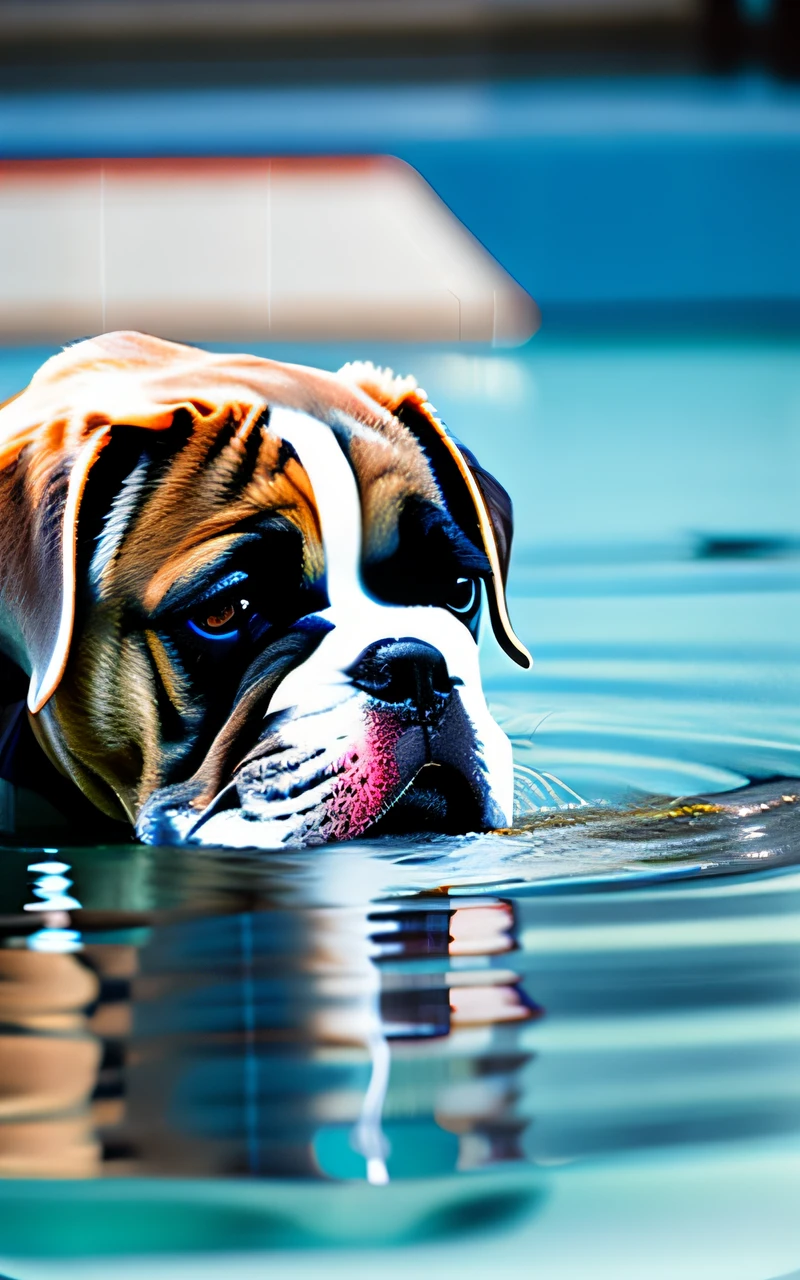 hyper Quality,Cute two Boxer puppies,different body colors,swimming in the pool,black eyes,barking,narrow eyes,smile,eos r3 28mm