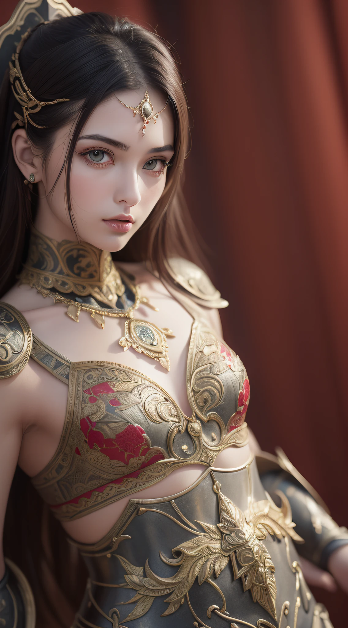((Best Quality)), ((Masterpiece)), (Details:1.4),(32k,Detailed and Detailed Wallpaper), Ultra Detailed, Masterpiece, Ultrareal, Sharpness, Clear, Lighting from Forward:1.5,((((Highly Detailed Face))))), ((Highly Detailed Eyes and Face)))), Beautiful Detail Eyes, Masterpiece, Ultra Micro Photography, Top Quality, Ultra High Resolution,(Perfect Human Body), (Complete and Indestructible Anatomy), Dynamic Pose, (1 woman in her early twenties, very detailed and detailed), (dense and detailed face, skin),(adult woman in her early twenties),slim belly, (small:1.7), cleavage:1.8, (Iron armor with amazing luster in detail:1.6,Dense and detailed decoration,Red:1.4),Navel,Thin waist, (Tribal tattoo: 1.5)