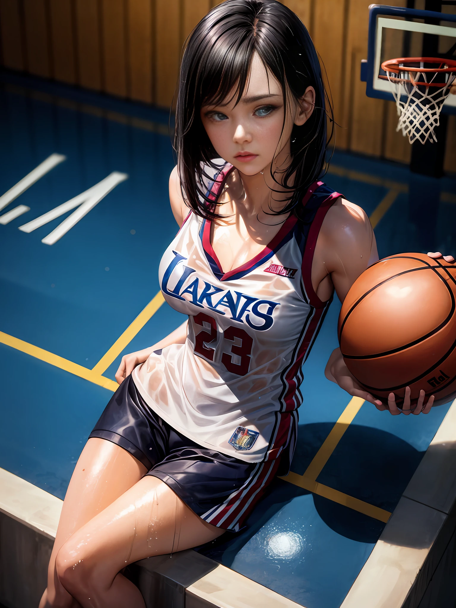 masterpiece,ultra detailed,realistic photo, 1beautiful girl, basketball uniform,detailed crewcut hair, big eyes, looked away,small delicate head,shiny skins,large breasts,tone abs,nice foots,wet skins sweat,basketball venue,illumination,from above