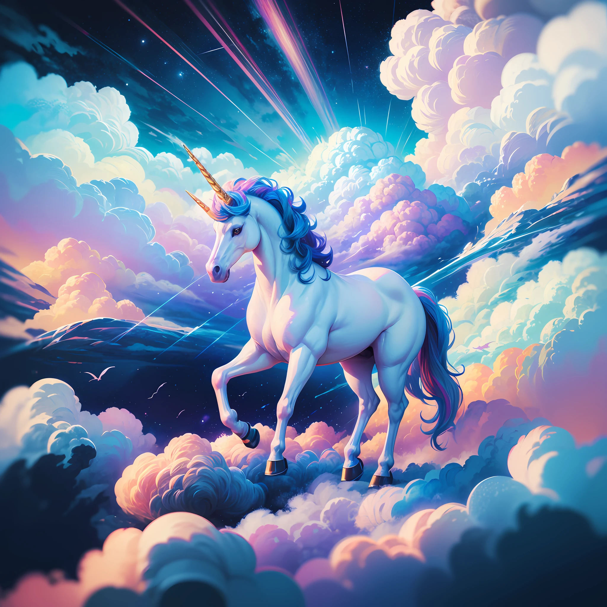 Masterpiece, best quality, {best quality}, {{masterpiece}}, {highres}, {{unicorn}}, {{unicorn in the clouds}}, colors, colorful, blue sky --auto --s2