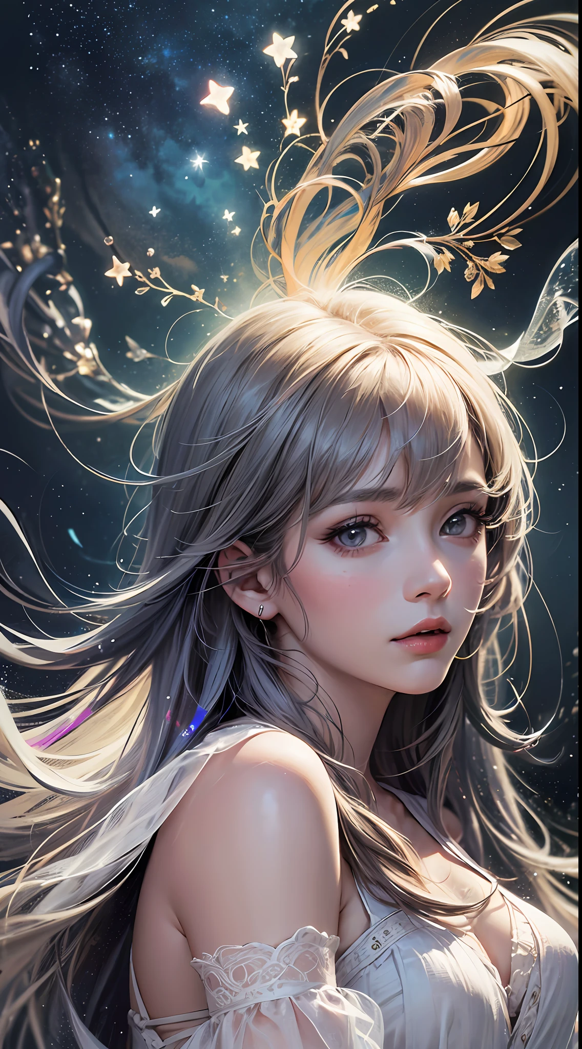 Focus on the person. We create and express the best shining composition of the person. ((Masterpiece)), (((highest quality)))), ((Ultra detail)), (Ultra realistic), (Highly detailed CG illustrations), (Very delicate and beautiful), Girls as masterpieces, highest quality, realistic skin, realistic fabrics, realist illustrations focusing on girls with realistic and ultra-detailed eyes in the center front. This is the absolute rule, and the following sentence expresses the image quality. It is the greatest masterpiece in the history of the class of Inuitsuki Ichigo, in which the owner of the greatest painting talent in human history met an unparalleled beauty and risked his life to depict the most beautiful figure. Create stunning anime artwork that is currently trending on seaStation, showcasing exquisite beauty and captivating aesthetics. Envision a scene where a petite Japanese high school girl, with a youthful face and clear eyes, is lying on a grassy hill under a starry sky in the world of "Princess Mononoke". The grass rustles softly in the wind, the sound of nature providing a soothing soundtrack. Her dynamite body and finely textured skin glow under the moonlight. Her clothes and accessories, realistically depicted, change according to the fabric material. The stars twinkle in the sky, adding a touch of realism to the scene. This image captures a miraculous moment in her life as she bravely lives in this different world. The image should be hyper-realistic, highly detailed, and in high-resolution 16k. Use a Sony Alpha 1 Mirrorless Camera with a Sony FE 24-105mm f/4 G OSS lens. Set the ISO sensitivity to 32,000 and the shutter speed to 1/125 second. The image should be framed in such a way that the girl is in the center, with the vast starry sky above and the rolling hills of "Princess Mononoke" in the background. --ar 16:9 --v 5.1 --style raw --q 2 --s 750