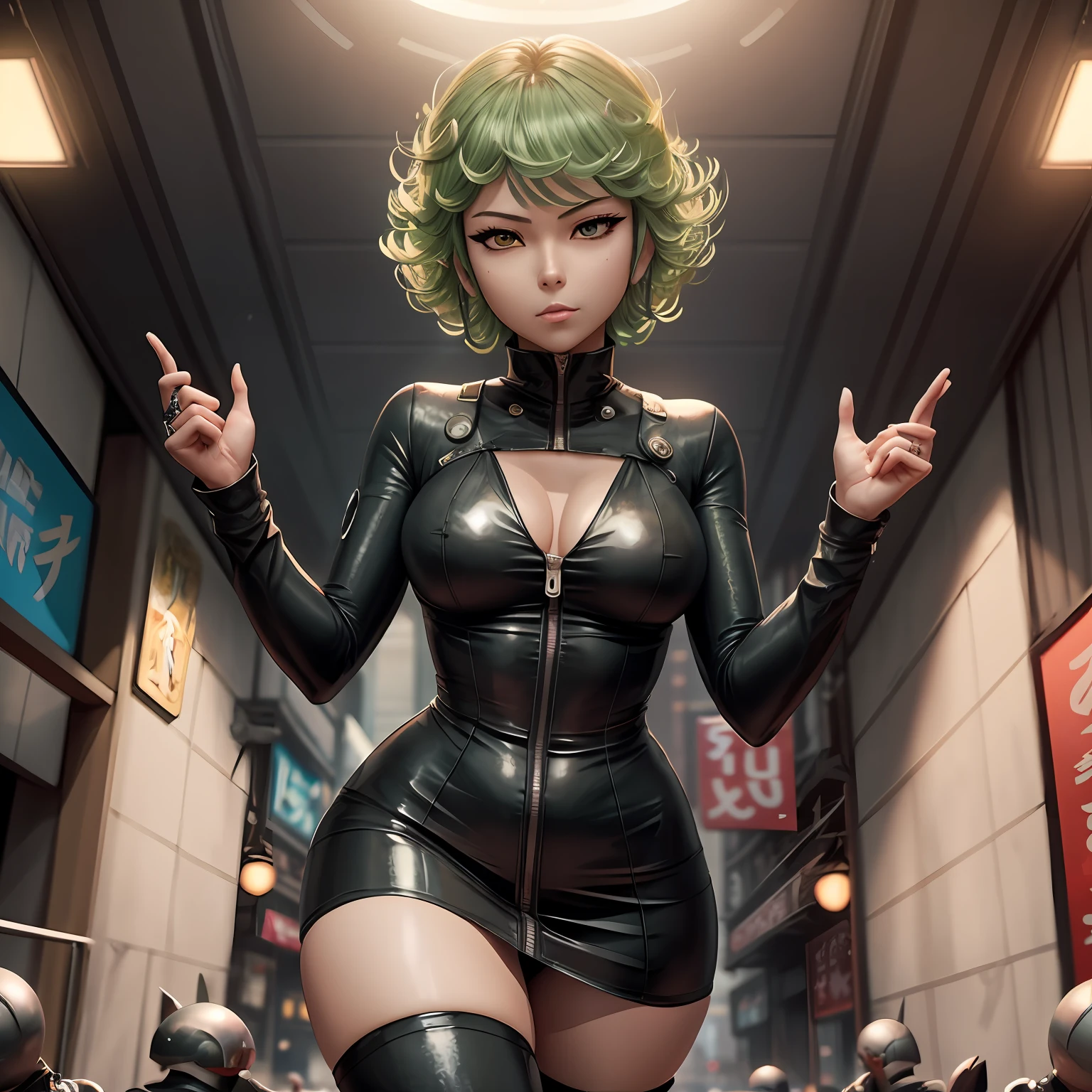 there is a woman in a black latex outfit posing for a picture, tatsumaki from one punch man, ross tran 8 k, anime cyberpunk art, female cyberpunk anime girl, anime art, angry gorgeous goddess, , wojtek fus, cyberpunk anime girl, digital cyberpunk - anime art, realistic anime 3 d style 4k --auto