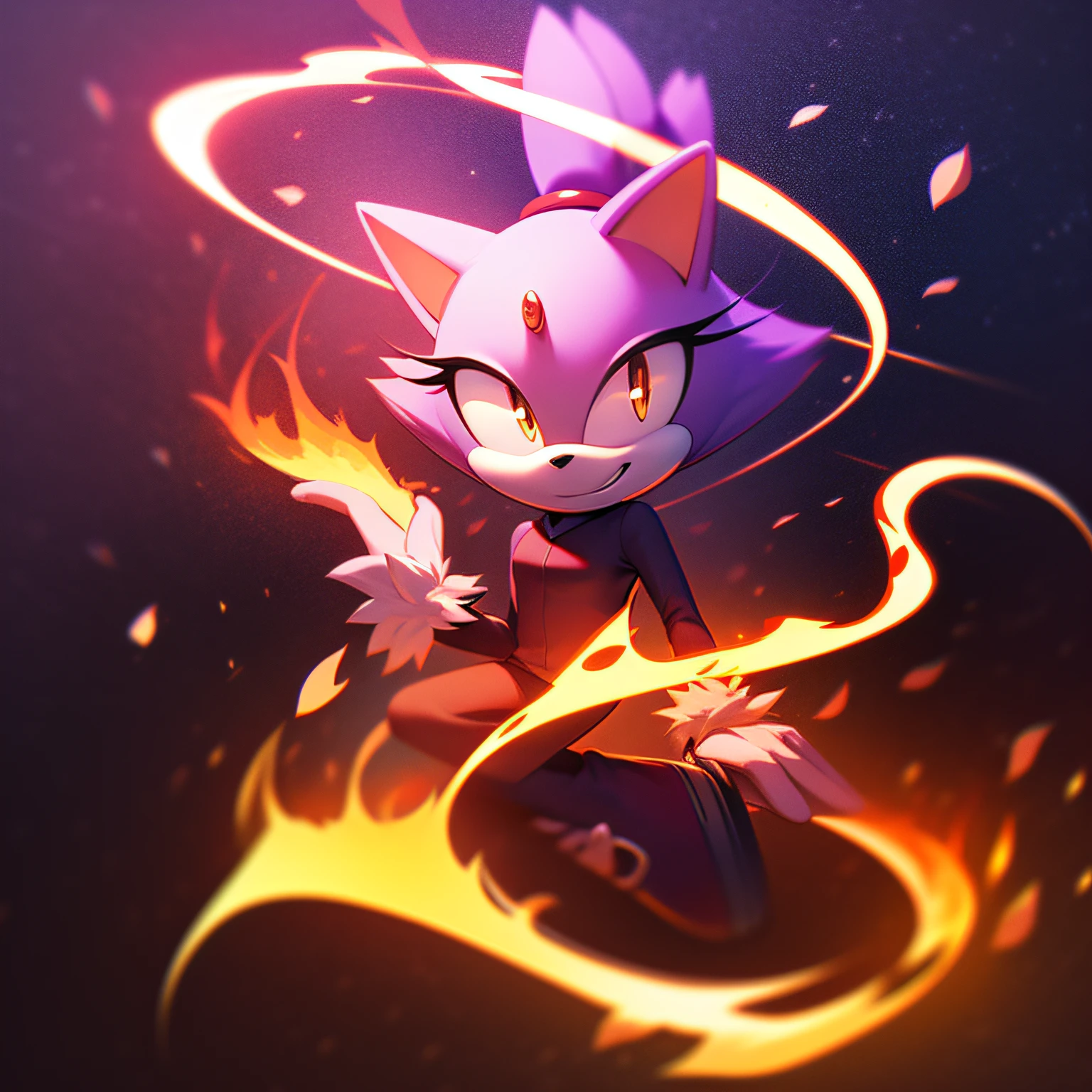 blaze the cat, sitting, smiling, flame aura