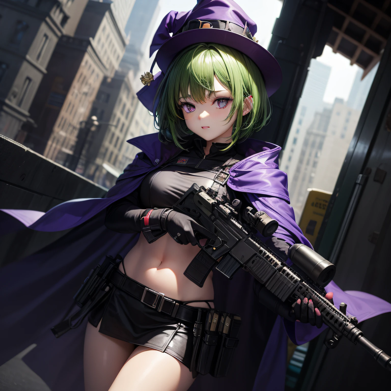 Top quality, very delicate and beautiful, (teenage girl), purple eyes, green hair, short hair, (purple pointy hat), one, tactical vest, short sleeves, purple skirt, purple wizard robe, navel, holding a submachine gun in both hands