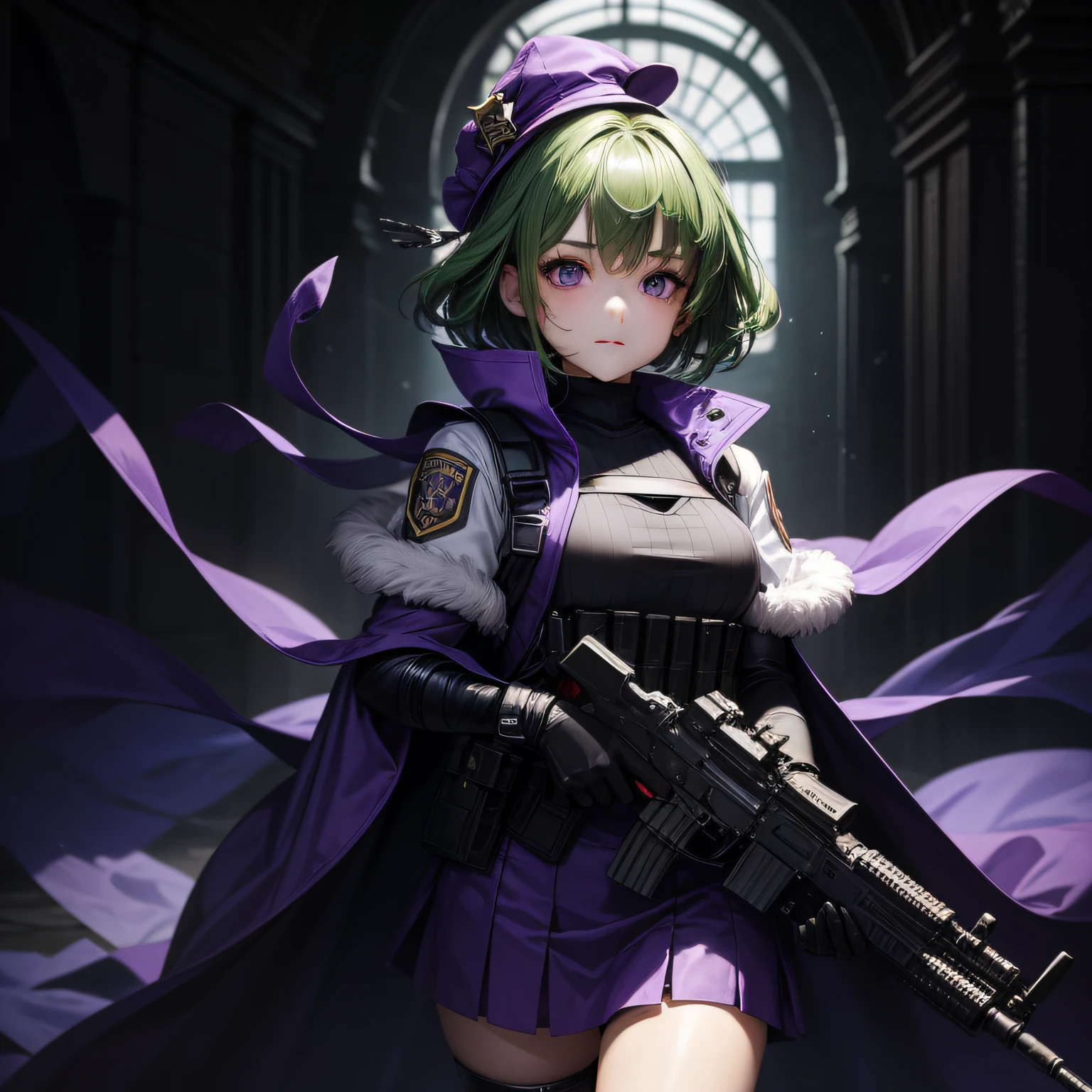 Top quality, very delicate and beautiful, ( girl), purple eyes, green hair, short hair, (purple pointy hat), one, tactical vest, short sleeves, purple skirt, purple wizard robe, navel, holding a submachine gun in both hands