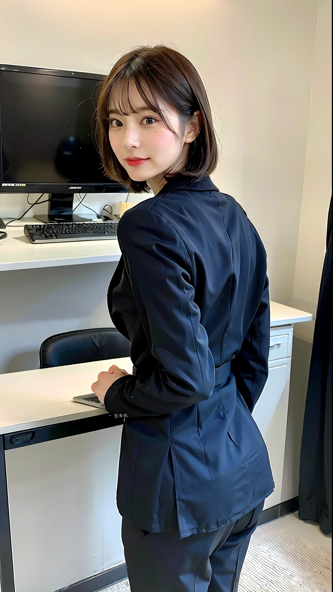 (Best Quality, 8k, 32k, Masterpiece, UHD: 1.2), 1 Girl, Beautiful Japan Woman, Thin Waist, Gray Suit, Open Jacket, Office Lady, Suit, Pants, From Back, Office, Desk, (Protruding Butt: 1.2), Fine Face, Short Hair, Secretary, Office, In Front of Computer, Desk, Desk