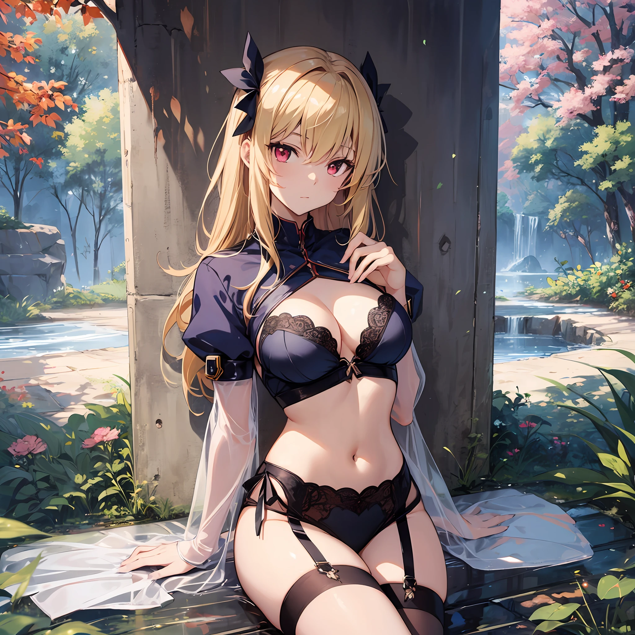 ((Top Quality, 8K,)) 1 Woman, Blonde Hair and Red Eyes Anime Girl, Anime Girl Named Lucy, Portrait of a Female Anime Hero, Female Anime Character, Zodiac Girl Portrait Knight, Artoria Pendragon, Hajime Yatate, Symphogear, Giorno Giovanna, Cornelia from Code Geass, War Maiden Suvia, Gorgeous Lingerie Sexy Pose　Shameful Random Pose