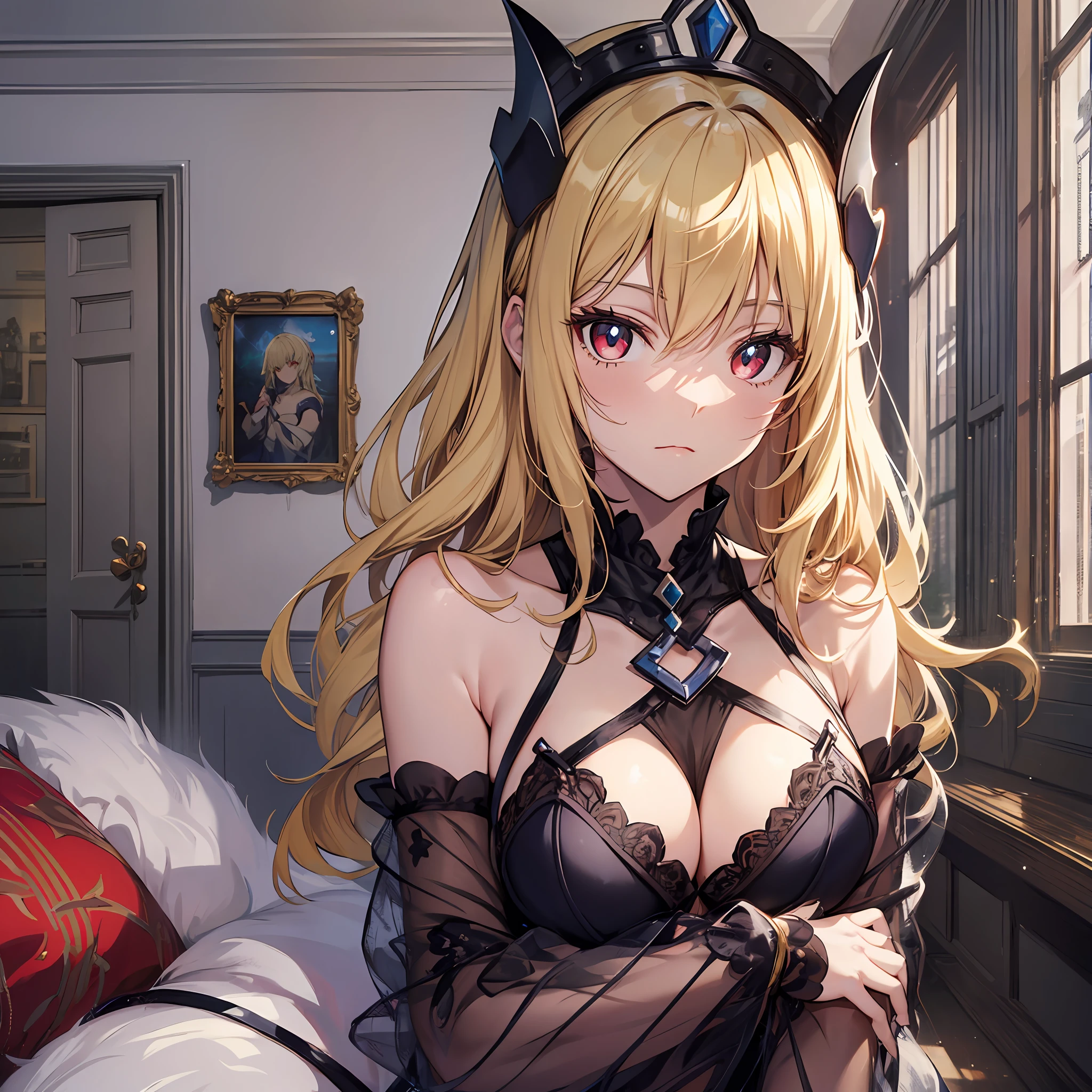((Top Quality, 8K,)) 1 Woman, Blonde Hair and Red Eyes Anime Girl, Anime Girl Named Lucy, Portrait of a Female Anime Hero, Female Anime Character, Zodiac Girl Portrait Knight, Artoria Pendragon, Hajime Yatate, Symphogear, Giorno Giovanna, Cornelia from Code Geass, War Maiden Suvia, Gorgeous Lingerie Sexy Pose Shameful Random Pose