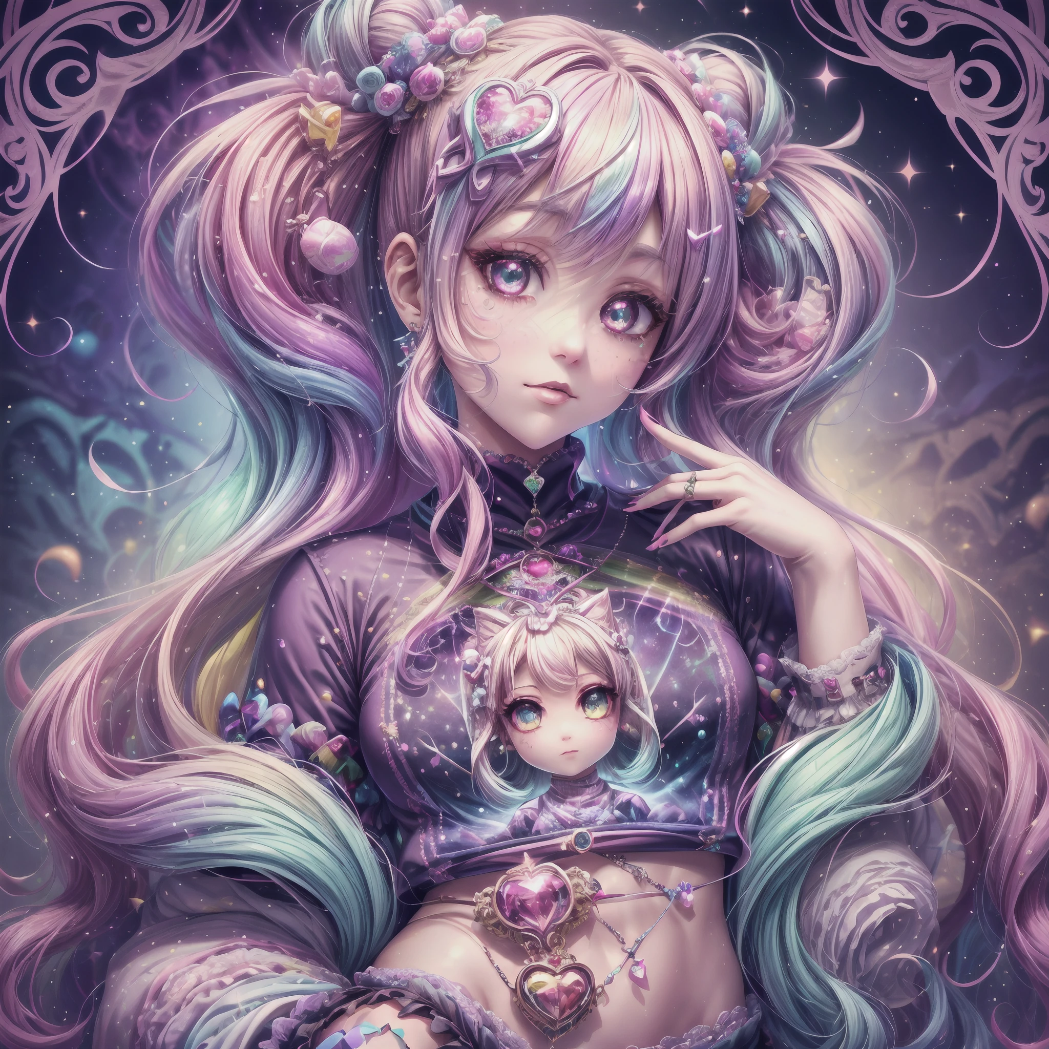 This image should be colorful and euphoric with extreme fantasy elements and very bold colors. Use (((lora:ArcherTurtleneck:1))). Generate a beautiful petite nymph with ornate and highly detailed Decora Harajuku fashion aesthetics on an interesting Harajuku street background. Her head, torso, and hips are in frame. The nymph should have a mature face with a lot of character and visual interest. Include beautiful eyes, highly detailed eyes, extremely detailed eyes, intricate eyes, 8K eyes, macro eyes. Pay close attention to intricate facial details and realistic eye shading. Include bright lisa frank rainbow colors. ((Include many realistic fantasy and rainbow Harajuku and decora details)). Clothing should be very detailed and intricate in the style of extravagant Harajuku decora street fashion with a heavy emphasis on rainbow colors. Her shirt should contain contrasting textures, colors, and patterns (((lora:ArcherTurtleneck:1))). Her pants should be highly detailed and contain contrasting textures, colors, and patterns. The image is the highest quality possible, with rich colors and an extremely high resolution. Consider influences like the artwork and colors of Lisa Frank. Utilize bright ambient lighting and dynamic composition to enhance a feeling of happiness and ((euphoria)). The image should contain shimmer, phantasmal iridescence, crystals, and bumps. (((lora:ArcherTurtleneck:1))). (((Include many decora fashion accents.)))