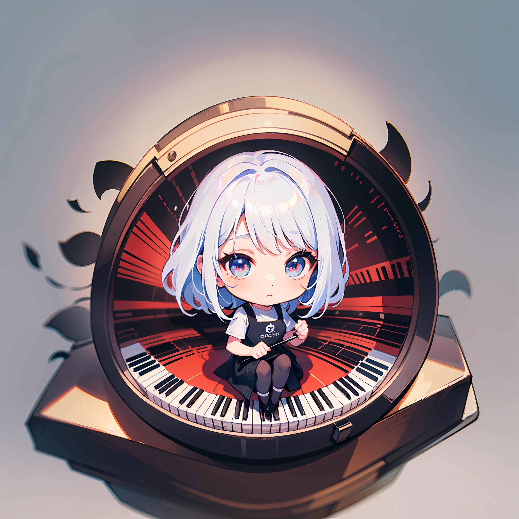 ((Sticker: 1.5))), ((Chibi character)), (white background), Fluffy, Girl, Beethoven, Pianist Costume, Mini Piano, Piano Playing Pose, Chibi Chara, Full Body, White Hair, Pastel Hair, Fairy Tale, Fantastic, T-shirt Design, Masterpiece, Best Quality, 16k