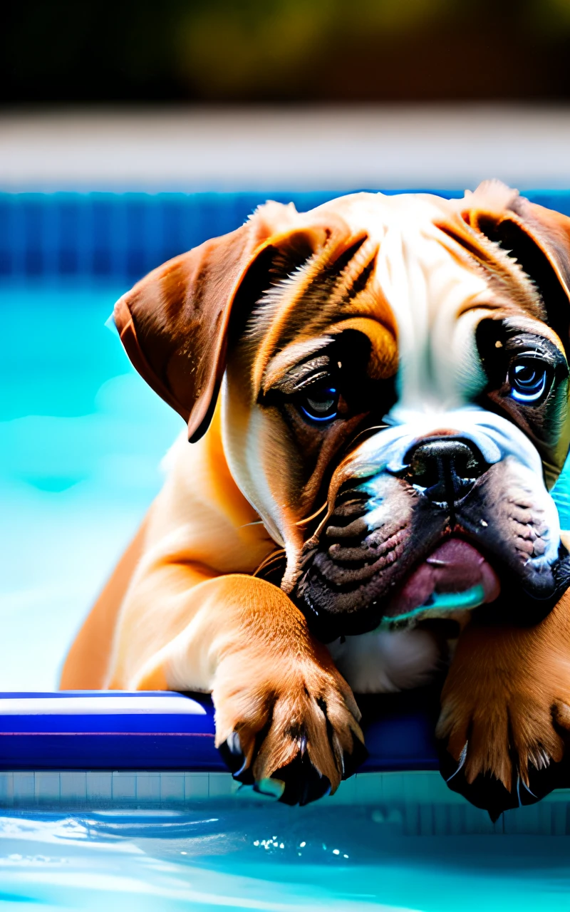 hyper Quality,Cute two Boxer puppies,different body colors,swimming in the pool,black eyes,barking,narrow eyes,smile,eos r3 28mm