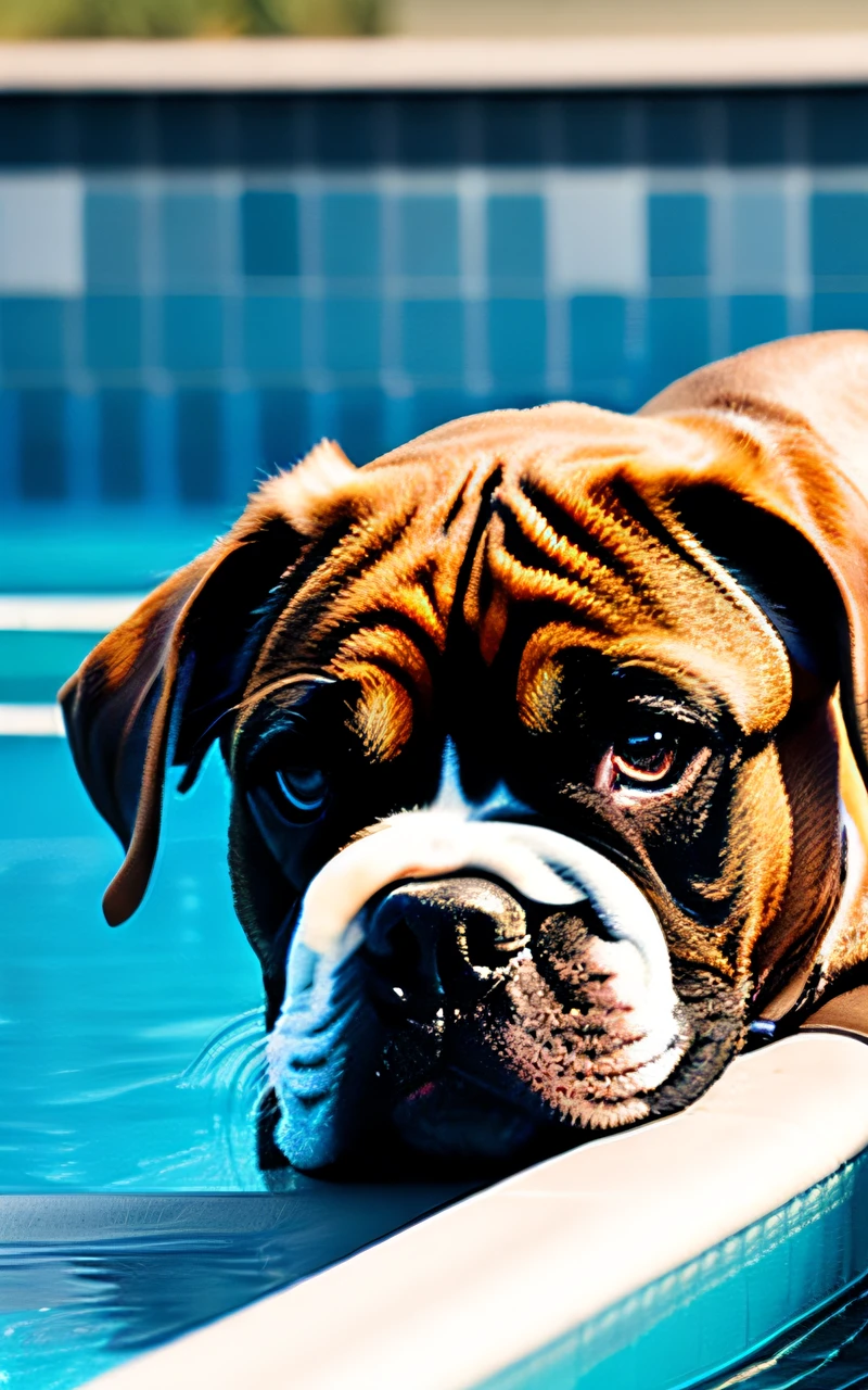 hyper Quality,Cute two Boxer puppies,different body colors,swimming in the pool,black eyes,barking,narrow eyes,smile,eos r3 28mm