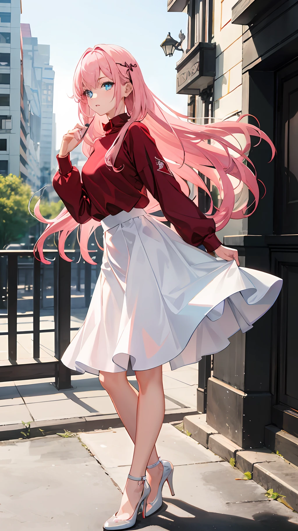 Wallpaper, highly detailed, best quality, 1girl, pink long hair, blue eyes, red shirt, white skirt, white high heels, park,