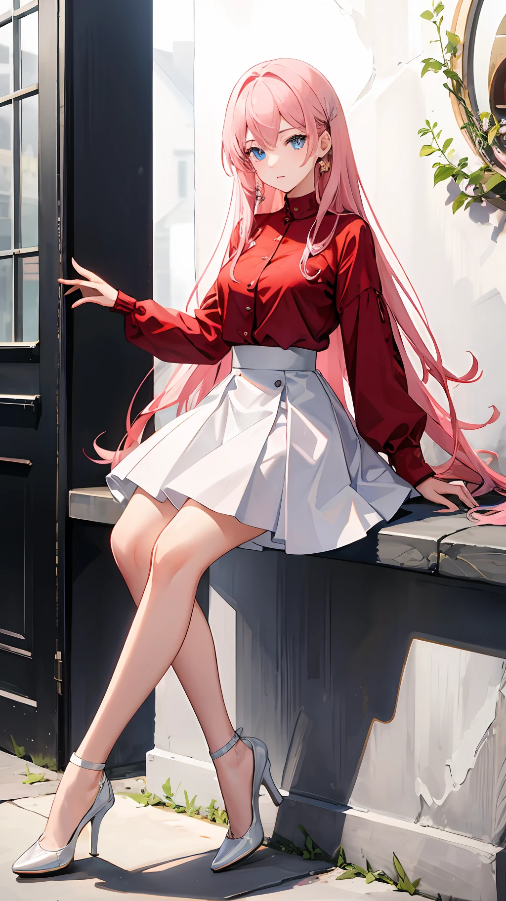 Wallpaper, highly detailed, best quality, 1girl, pink long hair, blue eyes, red shirt, white skirt, white high heels, park,