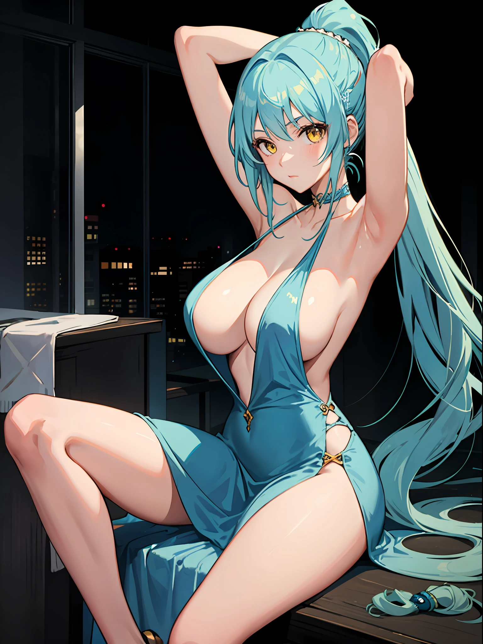 Anime, female, light blue hairs, yellow eyes, long hair, ponytail, massive boobs, long dress, thigh, bare shoulder, collarbone, sitting, arms up, looking at viewer, in building,