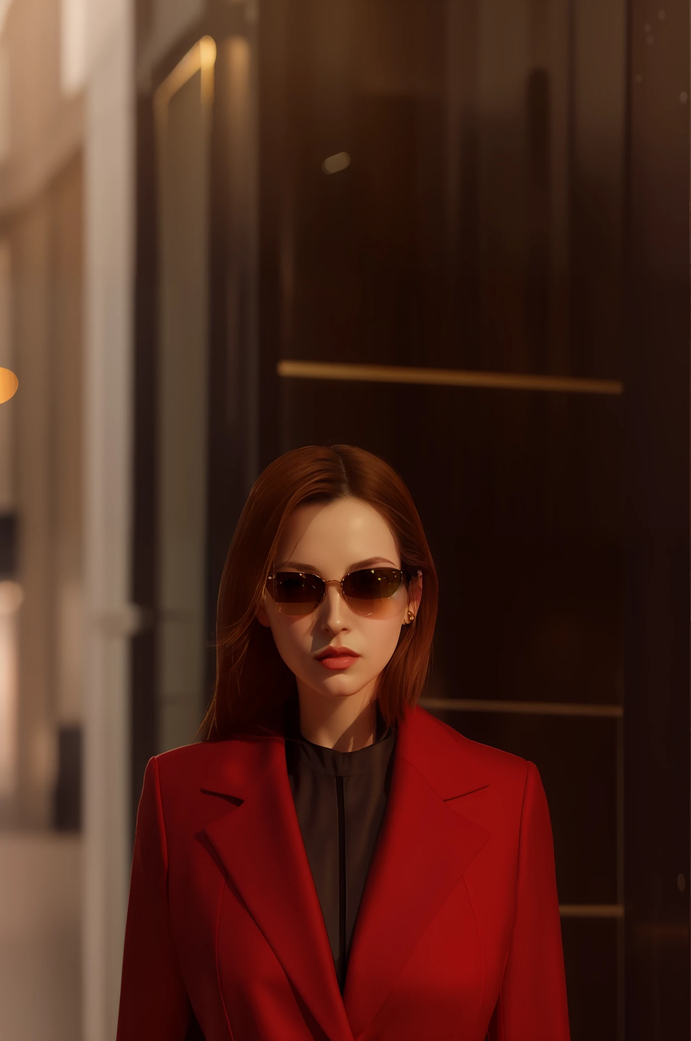 arafed image of a woman in a red coat and sunglasses, woman model, girl in suit, girl in a suit, digital art of an elegant, render of april, female lead character, 9 0's, trinity from the matrix, 90's, realistic person, female spy, with sunglasses, wearing a suit and glasses, business woman, high quality portrait