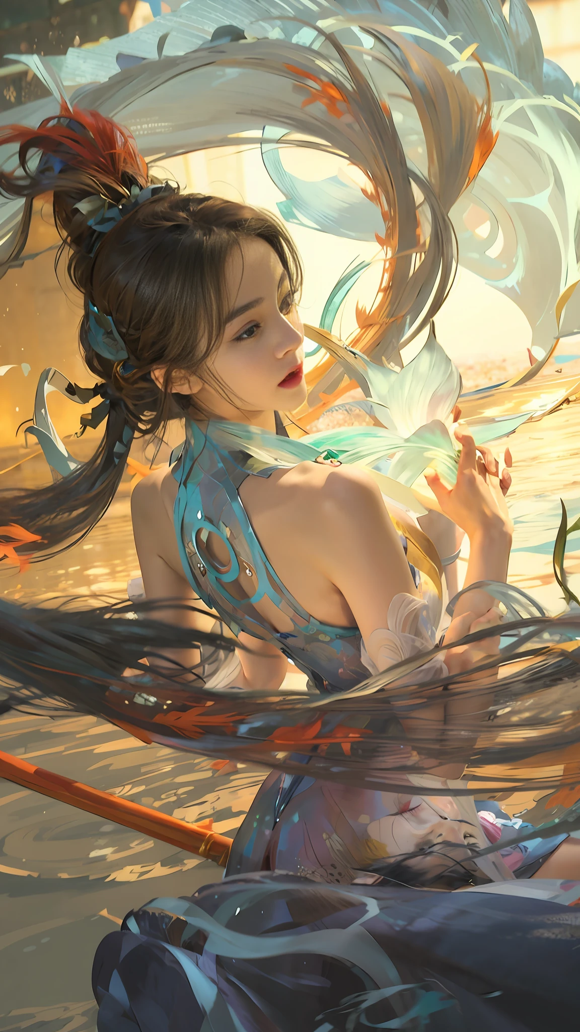 anime girl in a blue dress holding a stick in the water, artgerm and atey ghailan, by Yang J, inspired by Fenghua Zhong, artgerm and ruan jia, beautiful young wind spirit, inspired by Lan Ying, artgerm. anime illustration, extremely detailed artgerm, beautiful digital artwork, style of artgerm