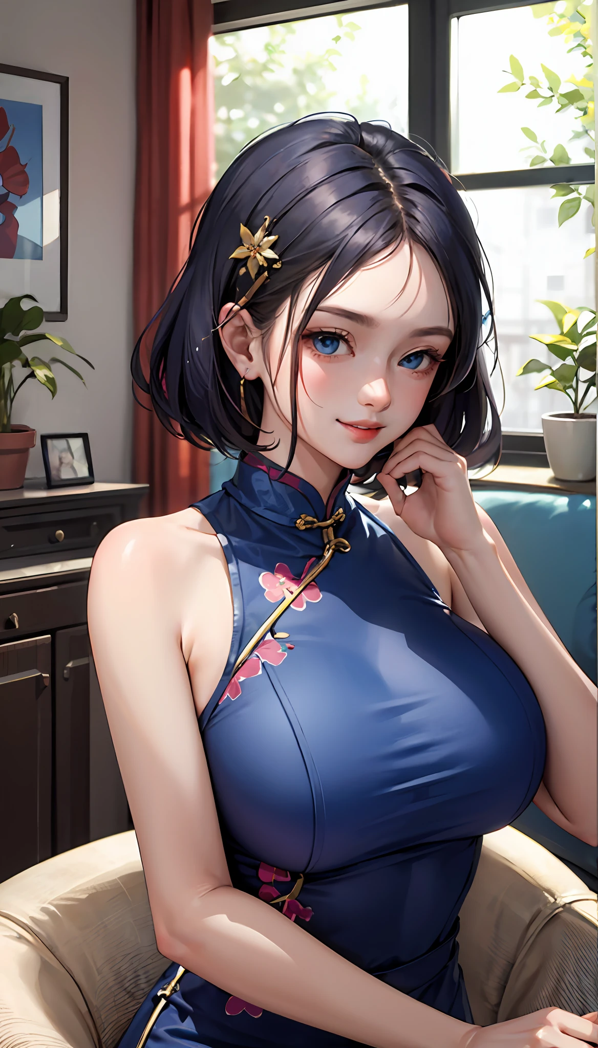 Short dark blue hair (masterpiece, : 1.2, best quality), (1 woman, solo, upper body: 1.2) short dark blue hair, clothing: cheongsam, short blue shoulder-length hair Accessories: hairpins, hair: short blue shoulder-length hair Makeup: natural, glowing skin, behavior: standing, relaxing, carefree, smiling Location: living room, blue eyes, very huge breasts, short blue shoulder-length hair