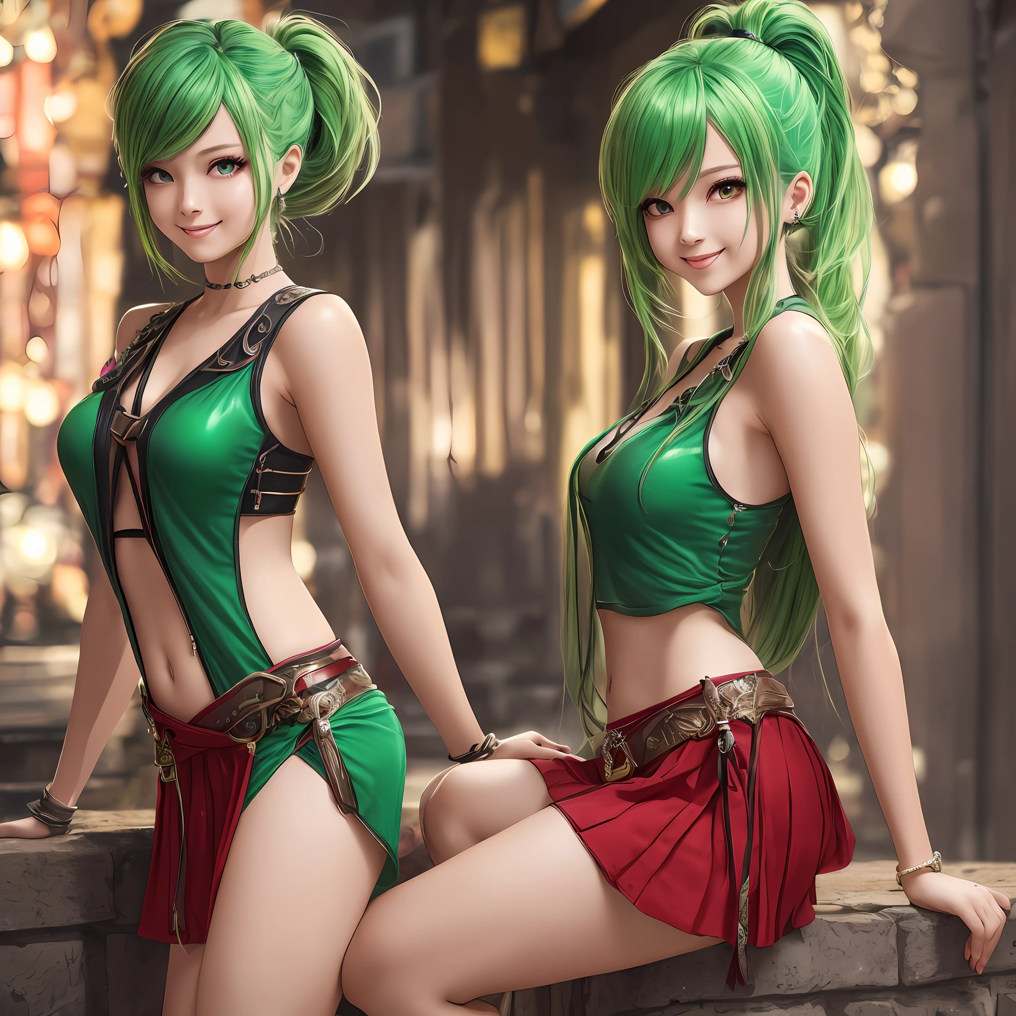 Top quality,masterpiece, photo, very delicate and beautiful, highly detailed cg ,unity,8k wallpaper, amazing, fine detail, official art,highly detailed cg unity 8k wallpaper,absurdity, huge file size, ultra detailed, high resolution, beautiful detailed girl, highly detailed eyes and face, beautiful detailed eyes,(((very shiny separate clothes)),1 girl,full body,full body shot, Watch Viewer,((Light Green Hair)), Red Eyes,((blissful)), Most Detailed Background, ((Cosplay)), 19 years old, Green, Tecateca, See-through, (Smile), Ponytail, Navel, Super Mini Skirt, Legs wide from side to side, Japan person, Thighs, Sleeveless, Shoulder straps --auto