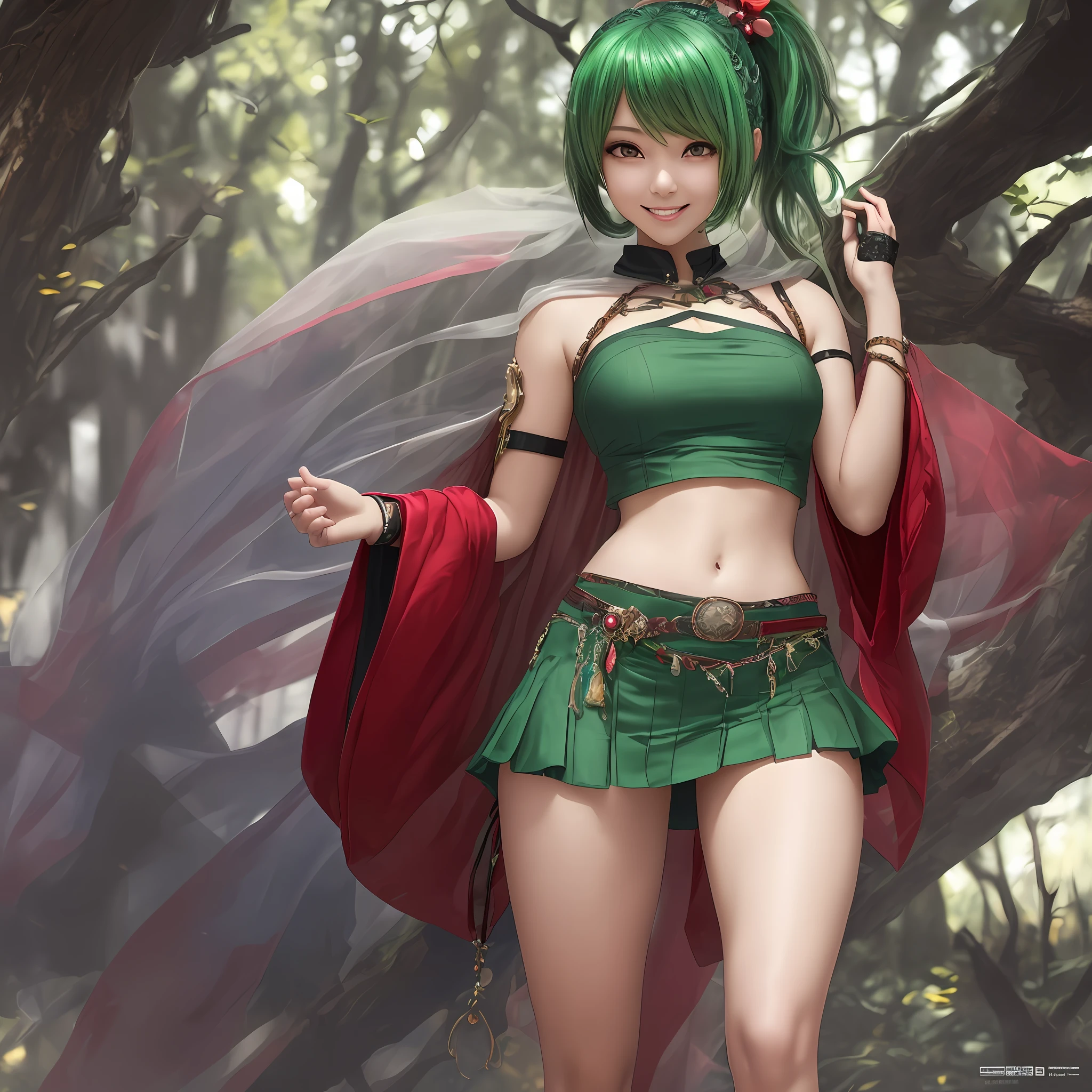 Top quality,masterpiece, photo, very delicate and beautiful, highly detailed cg ,unity,8k wallpaper, amazing, fine detail, official art,highly detailed cg unity 8k wallpaper,absurdity, huge file size, ultra detailed, high resolution, beautiful detailed girl, highly detailed eyes and face, beautiful detailed eyes,(((very shiny separate clothes)),1 girl,full body,full body shot, Watch Viewer,((Light Green Hair)), Red Eyes,((blissful)), Most Detailed Background, ((Cosplay)), 19 years old, Green, Tecateca, See-through, (Smile), Ponytail, Navel, Super Mini Skirt, Legs wide from side to side, Japan person, Thighs, Sleeveless, Shoulder straps --auto