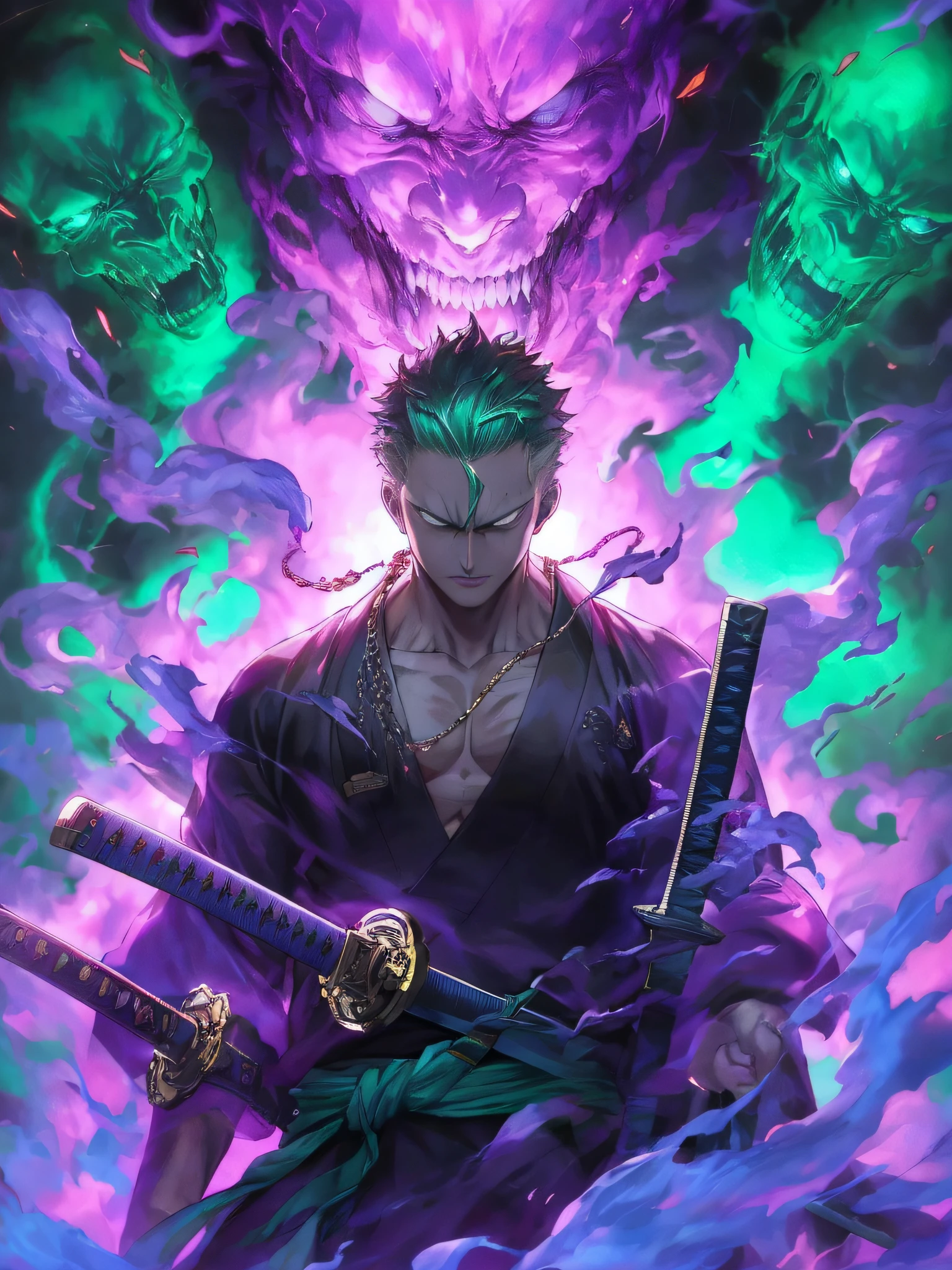 Close up of a man holding two swords in front of a demon, badass anime 8 K, rorono Yazoro, handsome guy in demon slayer art, anime wallpaper 4 K, anime wallpaper 4K, 4 k manga wallpaper, anime art wallpaper 4 k, anime art wallpaper 4k, anime wallpaper 4k, anime epic artwork, anime style 4 k Close left eye