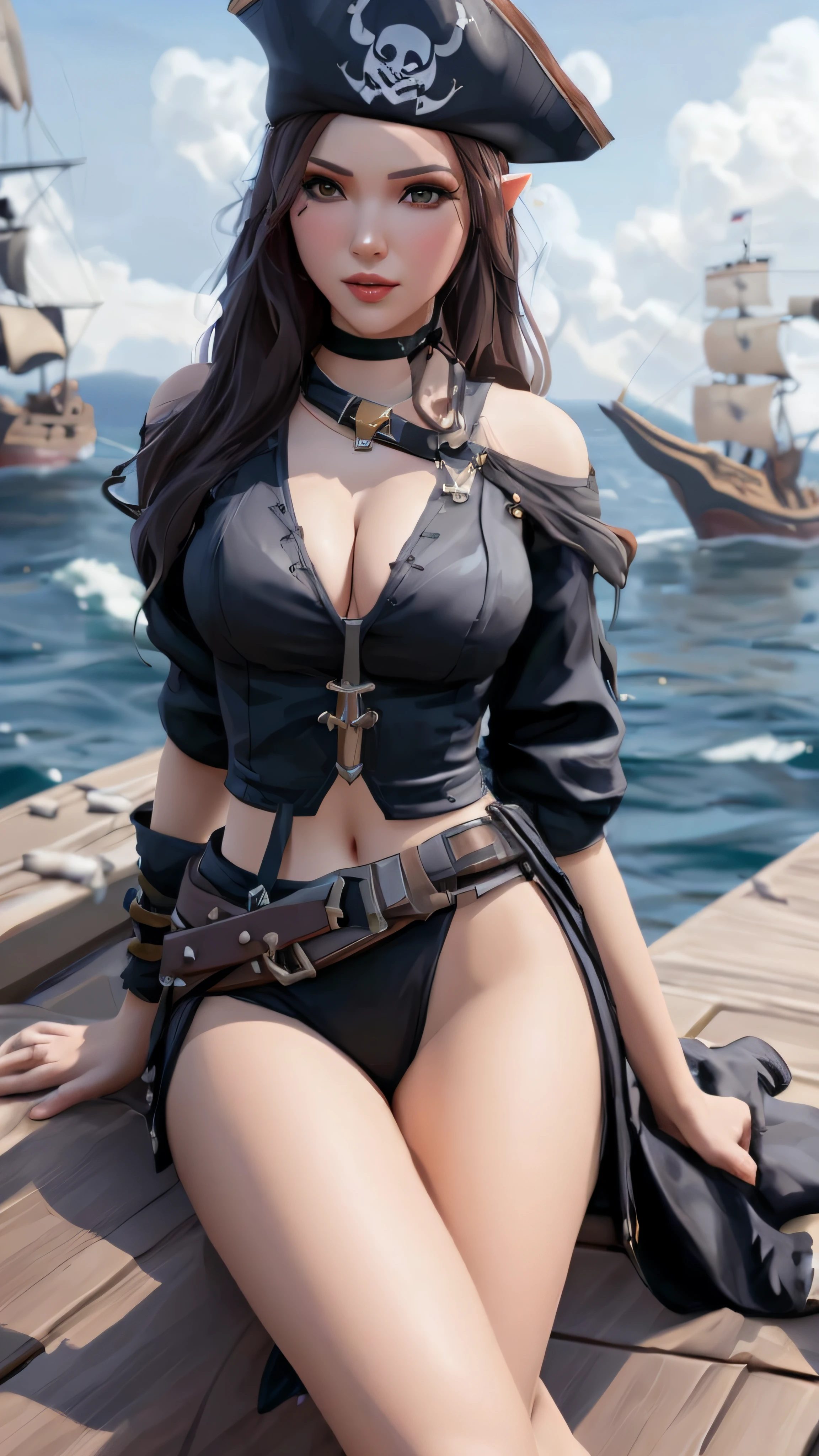 a woman in a black outfit sitting on a wooden dock, intriguing outfit, pirate woman, cleavage, very beautiful elven top model, beautiful maiden, sexy girl, pirate queen, captivating and enticing, gorgeous woman, cosplay, sea of thieves style, pirate, fantasy outfit, girl with warship parts, japanese goddess, beautiful female assassin, revealing clothes