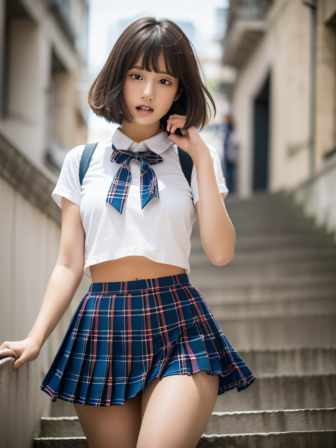 , (((Top Quality, 16k, Masterpiece: 1.3)), Ultra-Realistic, Masterpiece, Sharp Focus, Super Detail, Absurdity, High Resolution, Dynamic Lighting, 50mm Portrait, City, Night, Cute, Glossy Skin, Delicate Face, Surprised Look, White Shirt, Blue Ribbon, Shortcut Hair, Dark Blue Pleated Skirt with Tartan Plaid Pattern, ( ((skirt flips: 1.5)))), ((Lower body shows white underwear: 1.4)))), angle from diagonally down, baby face, t top, climbing stairs