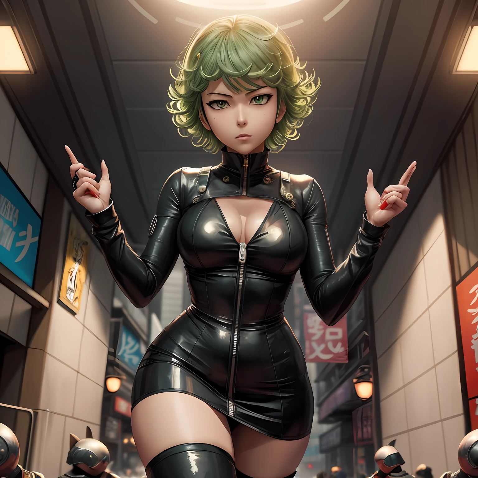 there is a woman in a black latex outfit posing for a picture, tatsumaki from one punch man, ross tran 8 k, anime cyberpunk art, female cyberpunk anime girl, anime art, angry gorgeous goddess, , wojtek fus, cyberpunk anime girl, digital cyberpunk - anime art, realistic anime 3 d style 4k , anime style, style of one punch man --auto