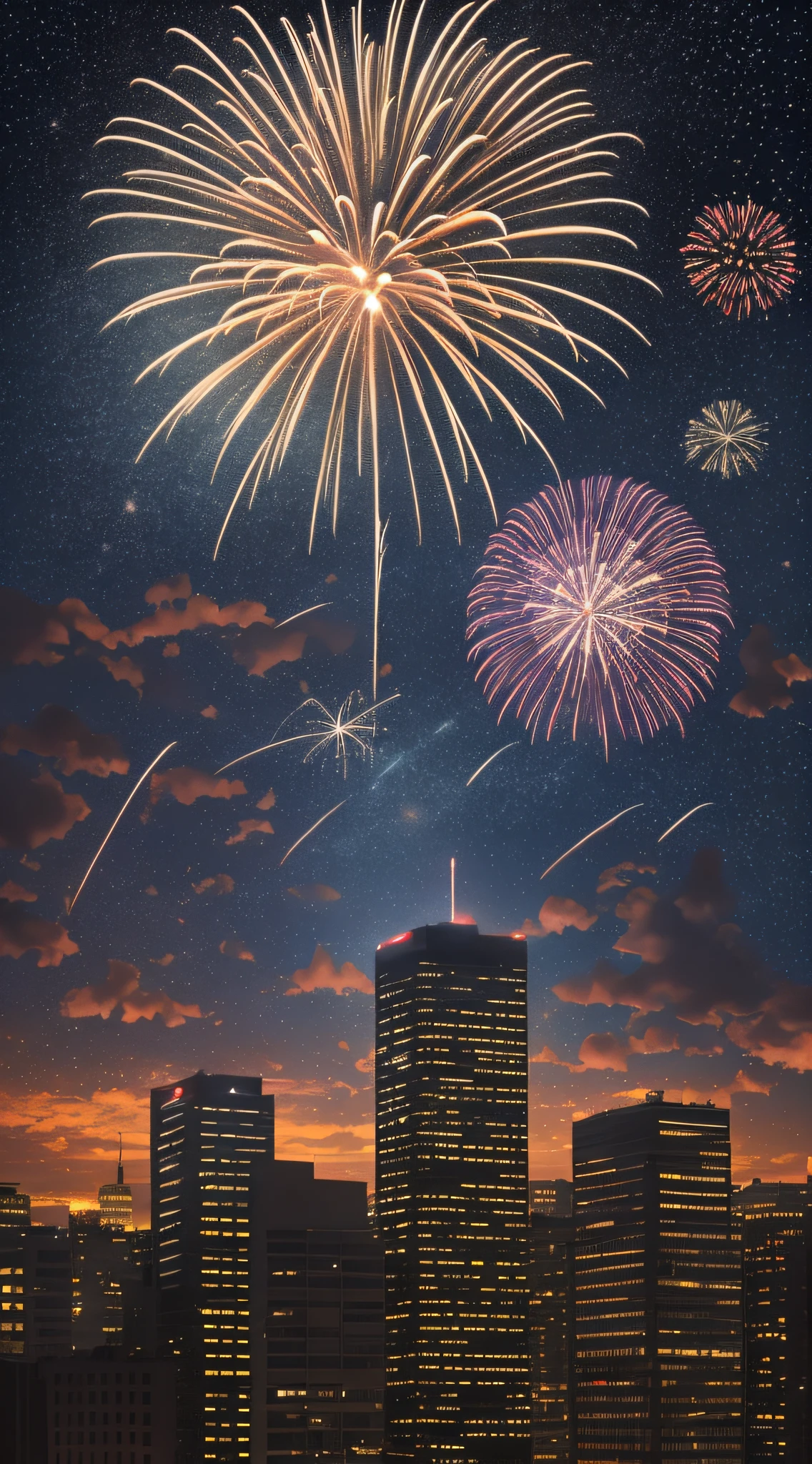 sky, star, landscape, starry sky, night, night sky, solo, outdoor, signature, building, cloud, fireworks, tree, city, silhouette, cityscape
