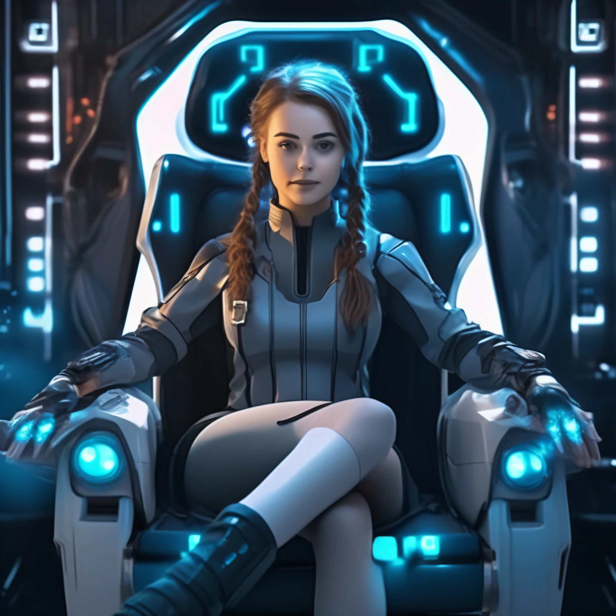 A girl in a chair of ultra technological and futuristic science fiction, panel with controllers, LEDs and buttons, sci-fi style, ultra realistic, highly detailed, cinematic,