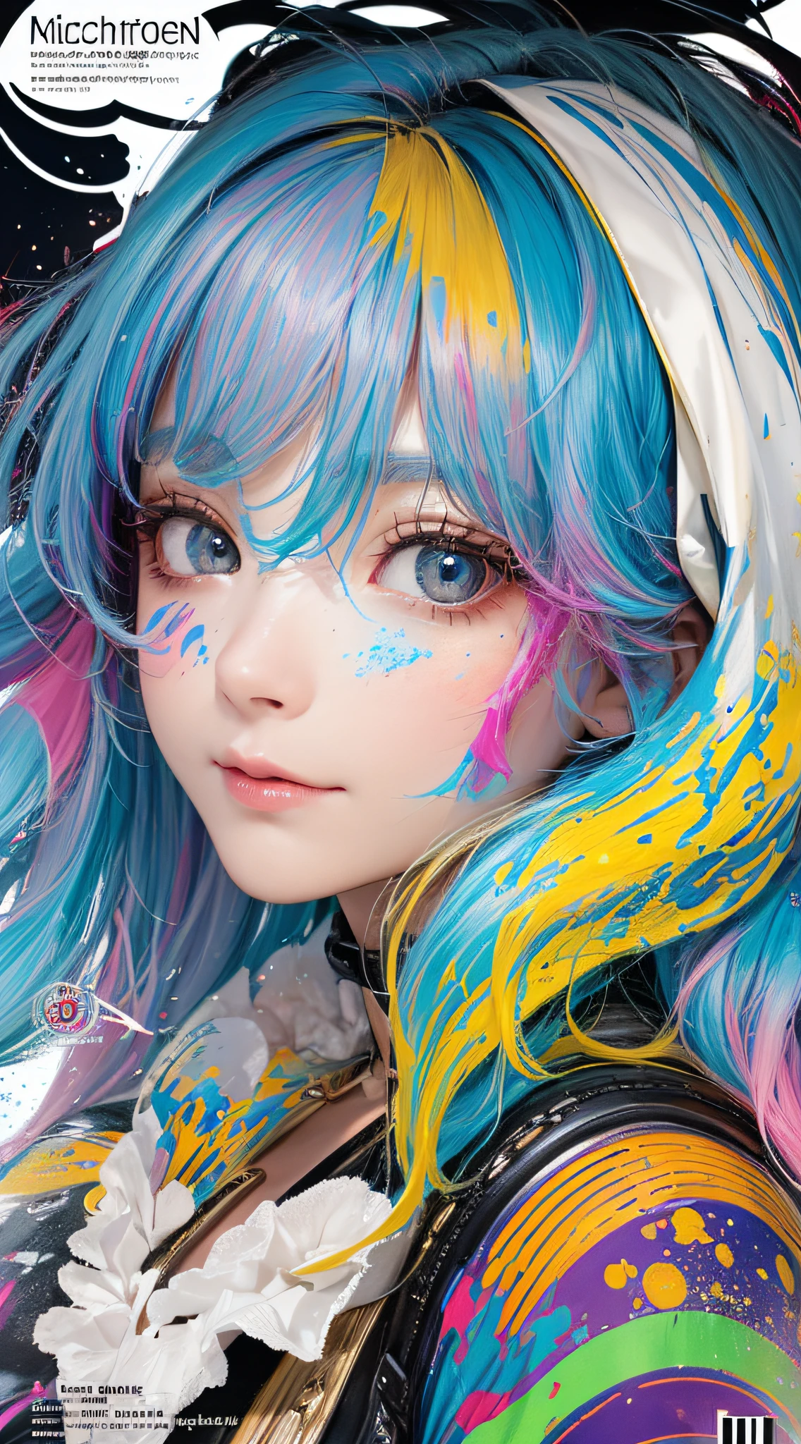 ((Beautiful Detailed Face)),((Colored Hair)),((Striped Hair)),(Gradient Eyes),(Colored Eyes)))),(White Cloud Background))),(High Saturation))),((Surrounded by Color Splatter)))) Ultra-detailed, beautiful and aesthetic, masterpiece, best quality, most beautiful forms chaotic, elegant, Fauvist design, bright colors, romanticism, Michal Mraz, Adrian Gheny, Petra Cortwright, atmospheric, Ecstatic notes, streaming notes visible, ((magazine cover)),