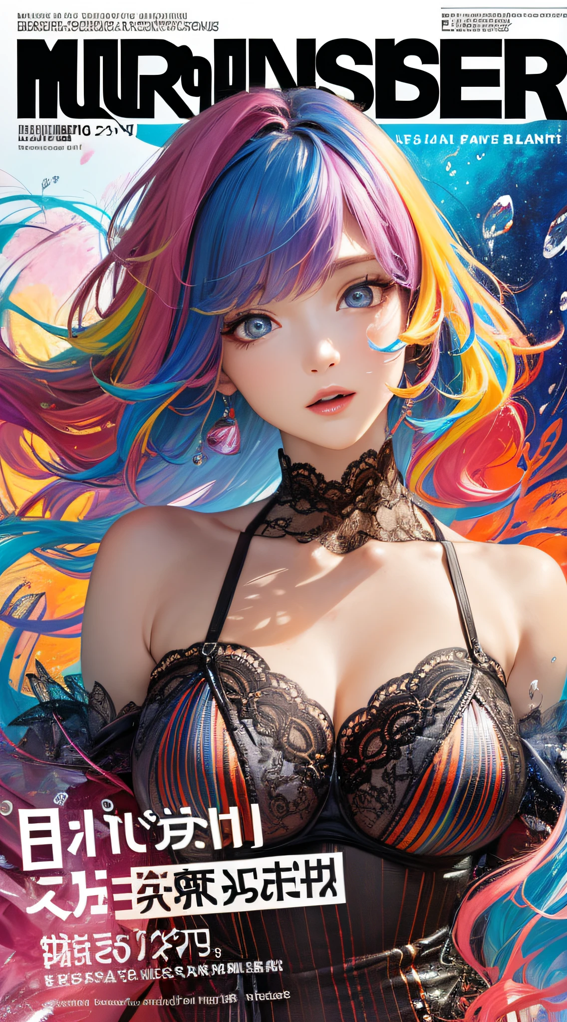 (((masterpiece))), ((best quality))), ((ultra-detailed)), (illustration), (dynamic angle), ((floating)), (paint), ((loose hair)), (solo), (1girl), magazine cover, ((beautiful detailed face)), ((colored hair)), ((striped hair)), (gradient eyes), (((colored eyes))), (white cloud background))), ((high saturation)), (((surrounded by colorful splashes))) ultra-detailed, beautiful and aesthetic, masterpiece, best quality, most beautiful forms chaotic, elegant, fauvist design, bright colors, romanticism, michal mraz, adrian gainy, petra cottwright, atmospheric, ecstatic notes, flow notes visible, ((magazine cover)),