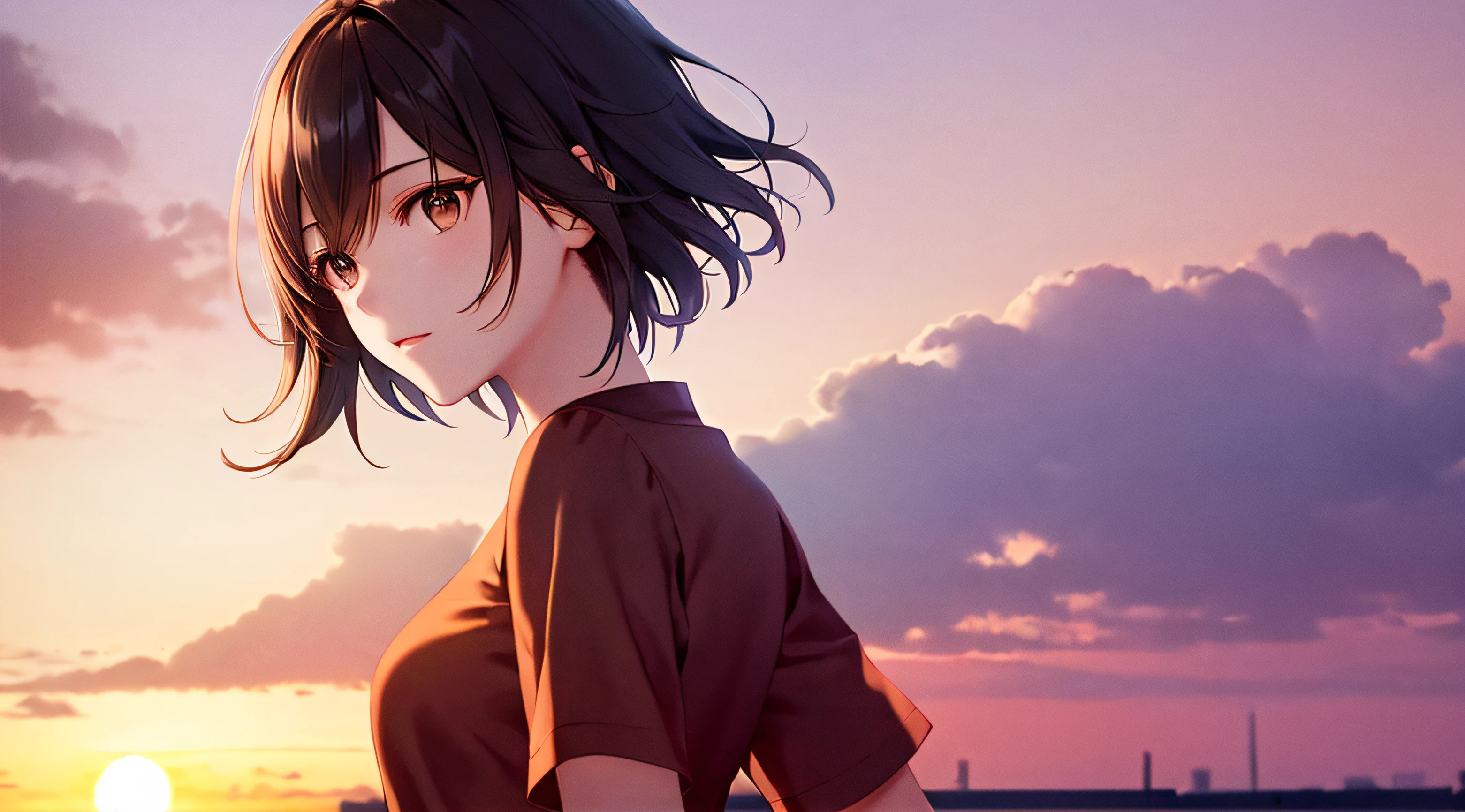 Very detailed and precise photo-like illustration, very beautiful young woman, brown very short hair, small breasts, perfectly round gray eyes, solo, wearing a red shirt, background is Yokohama sunset dyed red by the setting sun, fantastic backlight, Makoto Shinkai CG art.
