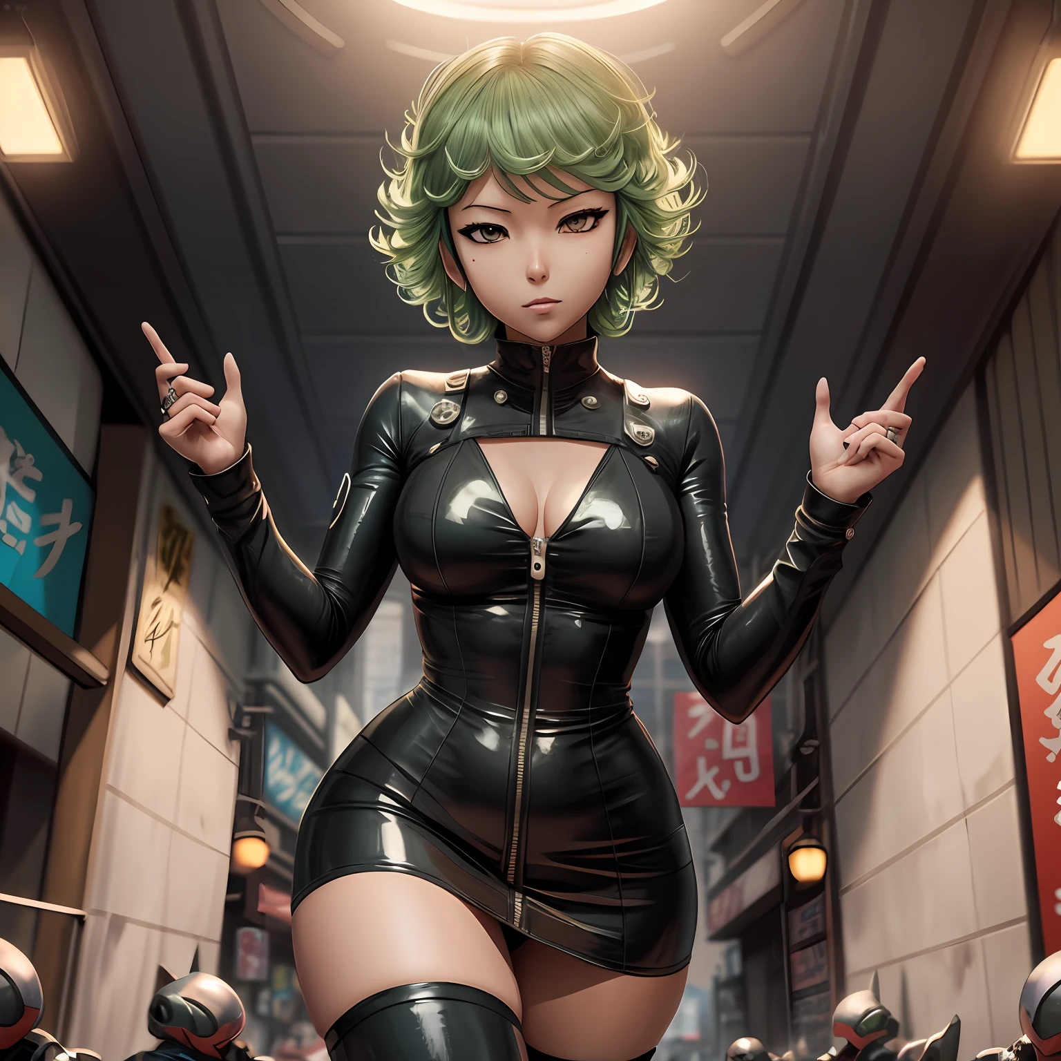there is a woman in a black latex outfit posing for a picture, tatsumaki from one punch man, ross tran 8 k, anime cyberpunk art, female cyberpunk anime girl, anime art, angry gorgeous goddess, , wojtek fus, cyberpunk anime girl, digital cyberpunk - anime art, realistic anime 3 d style 4k , anime style, style of one punch man , anime style, anime --auto