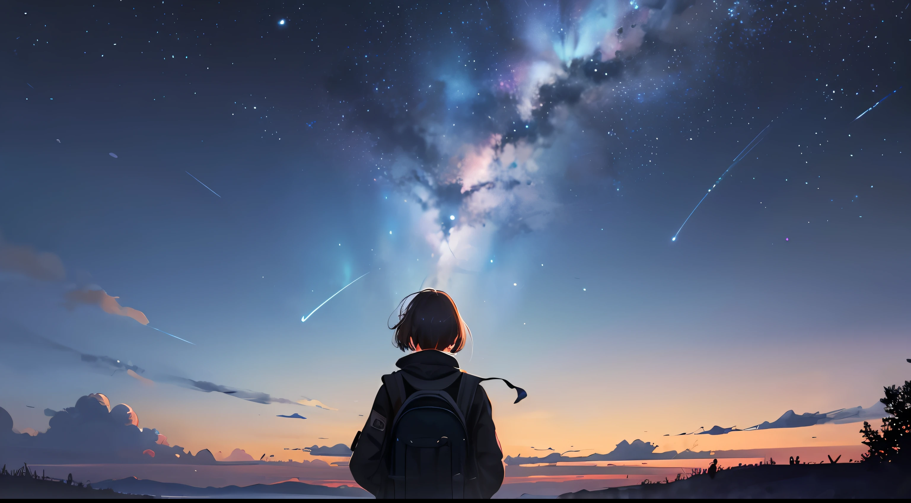 {{{masterpiece}}, {{{best quality}, {{ultra-detailed}}, {illustration}, {{an extremely delicate and beautiful}}, beautiful milky way, night sky, wide sky, mysterious, deep sky, falling sky, traveling girl, rucksack, back view, girl looking at night sky, In the middle of the journey, 8k, morning is near, the sky is about to be swallowed, the morning is near, the night is over, the beginning is near, deep darkness, cinematic, mysterious, fantastic, beautiful,