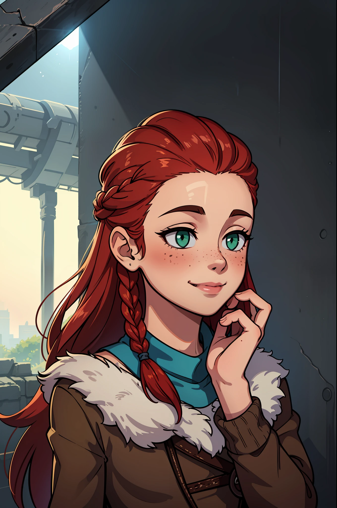 pikkyaloy, 1girl, braid, green eyes, smile, tribal, freckles, long hair, red hair, solo, frock BREAK depth of field, god rays, vivid colors, cinematic hard lighting, smooth shadows