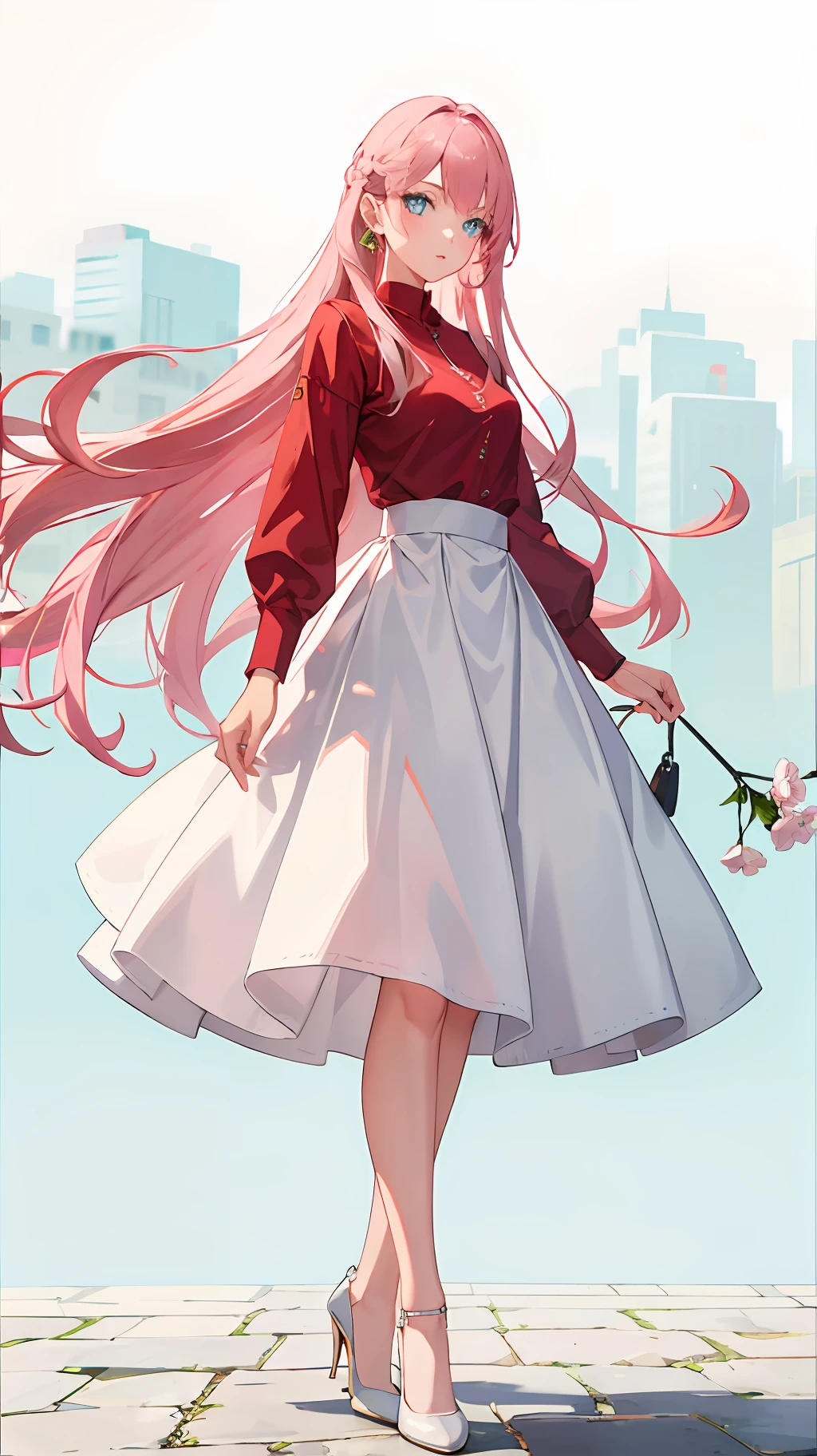 Wallpaper, highly detailed, best quality, 1girl, pink long hair, blue eyes, red shirt, white skirt, white high heels, park