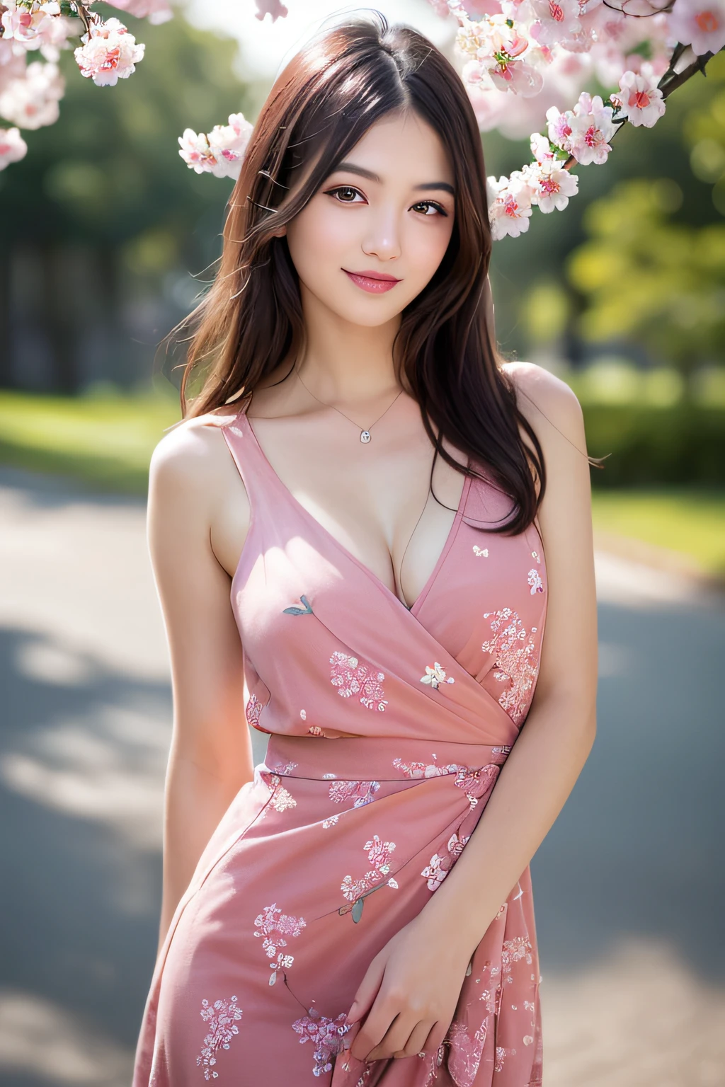 (photo realistic:1.4), (masterpiece, best quality, ultra detailed),[reflections], ultra realistic,
(extremely detailed), 1girl, solo, 20yo, angelic face, detailed face,looking at viewer,
(best illumination, best shadow, extremely delicate and beautiful), finely detail, beautiful detailed, shiny eyes,
accent lighting, (backlighting:1.3), professional lighting, light on face, cinematic lighting, bokeh,
busty body, (medium breasts), intricate details skin, a cherry blossom road , short floral wrap dress, (cowboy shot:1.4),
(bright, smile and happy and tired and sleepy:1.1),(laugh:1.2)