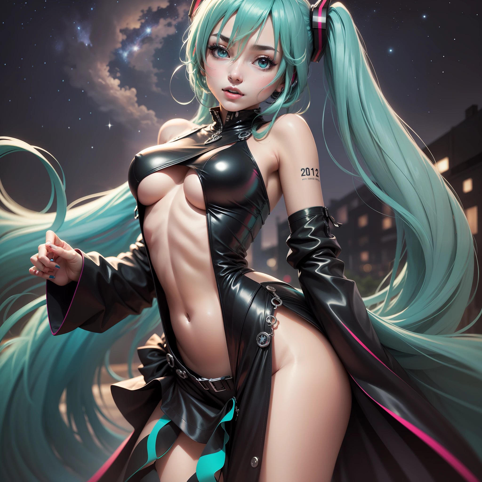 hatsune miku dark version very sexy, attractive and posing in a sensual and attractive full-length pose with a night and starry background, in nature and outdoors, (best quality:1.1), (masterpiece:1.4), (absurdres:1)